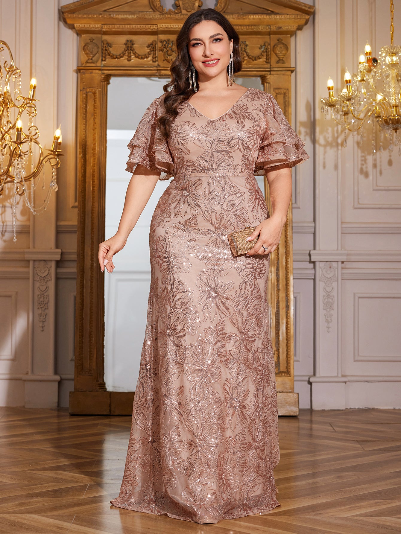 Rose Gold Sequin Ruffle Sleeve Mermaid Evening Gown