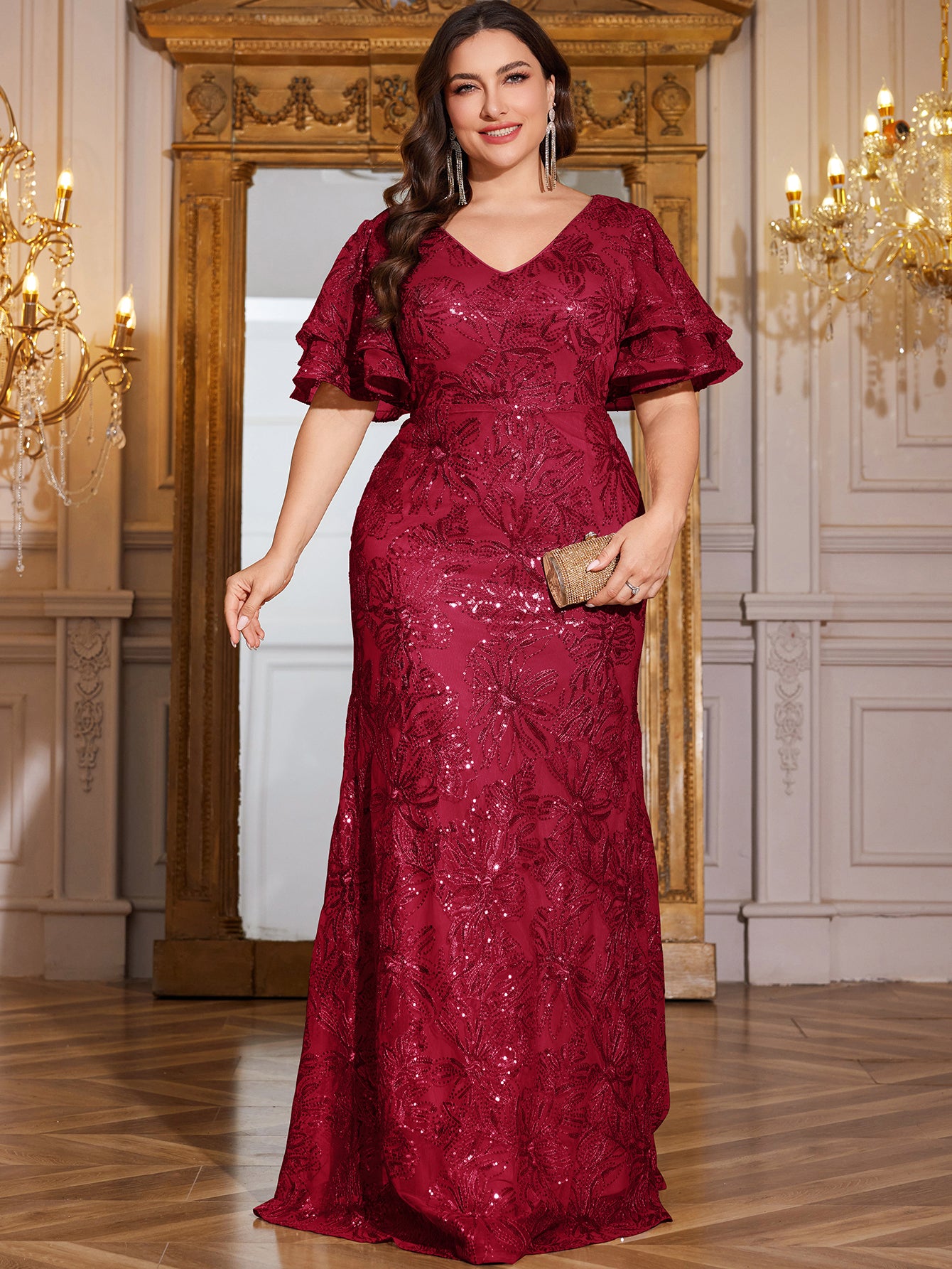 Rose Gold Sequin Ruffle Sleeve Mermaid Evening Gown