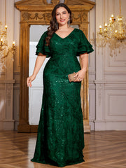 Rose Gold Sequin Ruffle Sleeve Mermaid Evening Gown