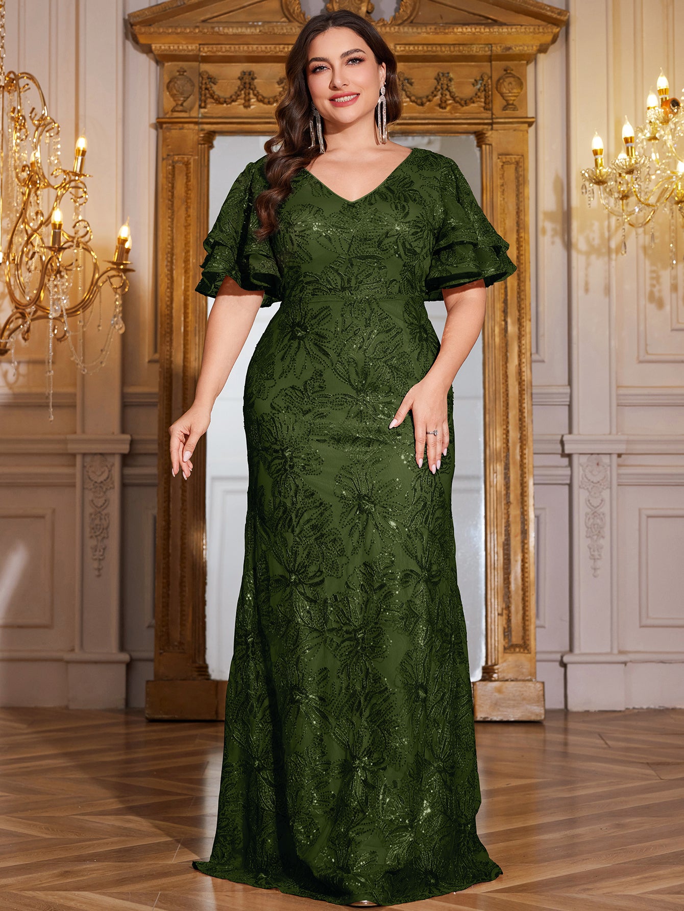 Rose Gold Sequin Ruffle Sleeve Mermaid Evening Gown