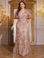 Rose Gold Sequin Ruffle Sleeve Mermaid Evening Gown