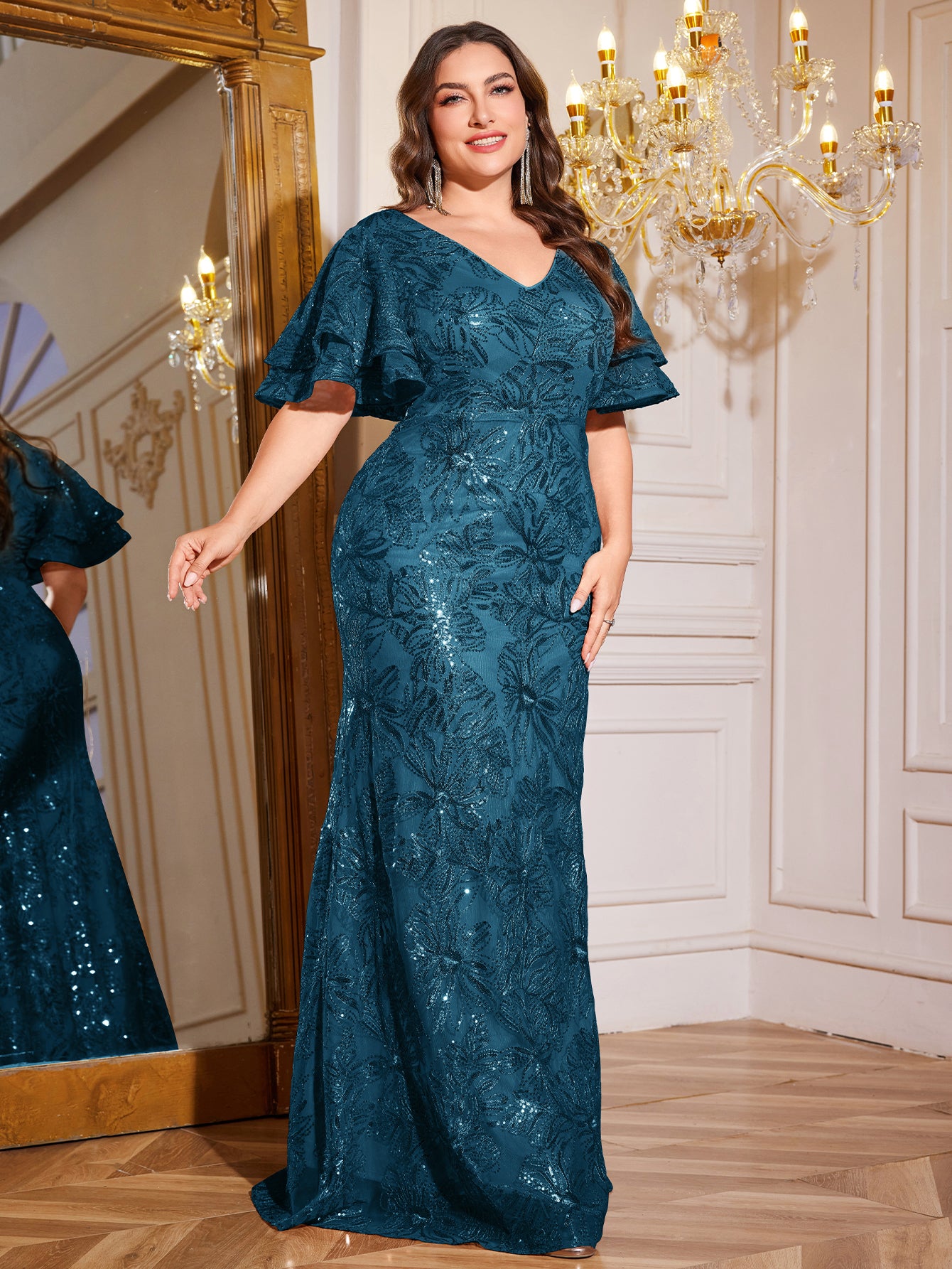Rose Gold Sequin Ruffle Sleeve Mermaid Evening Gown