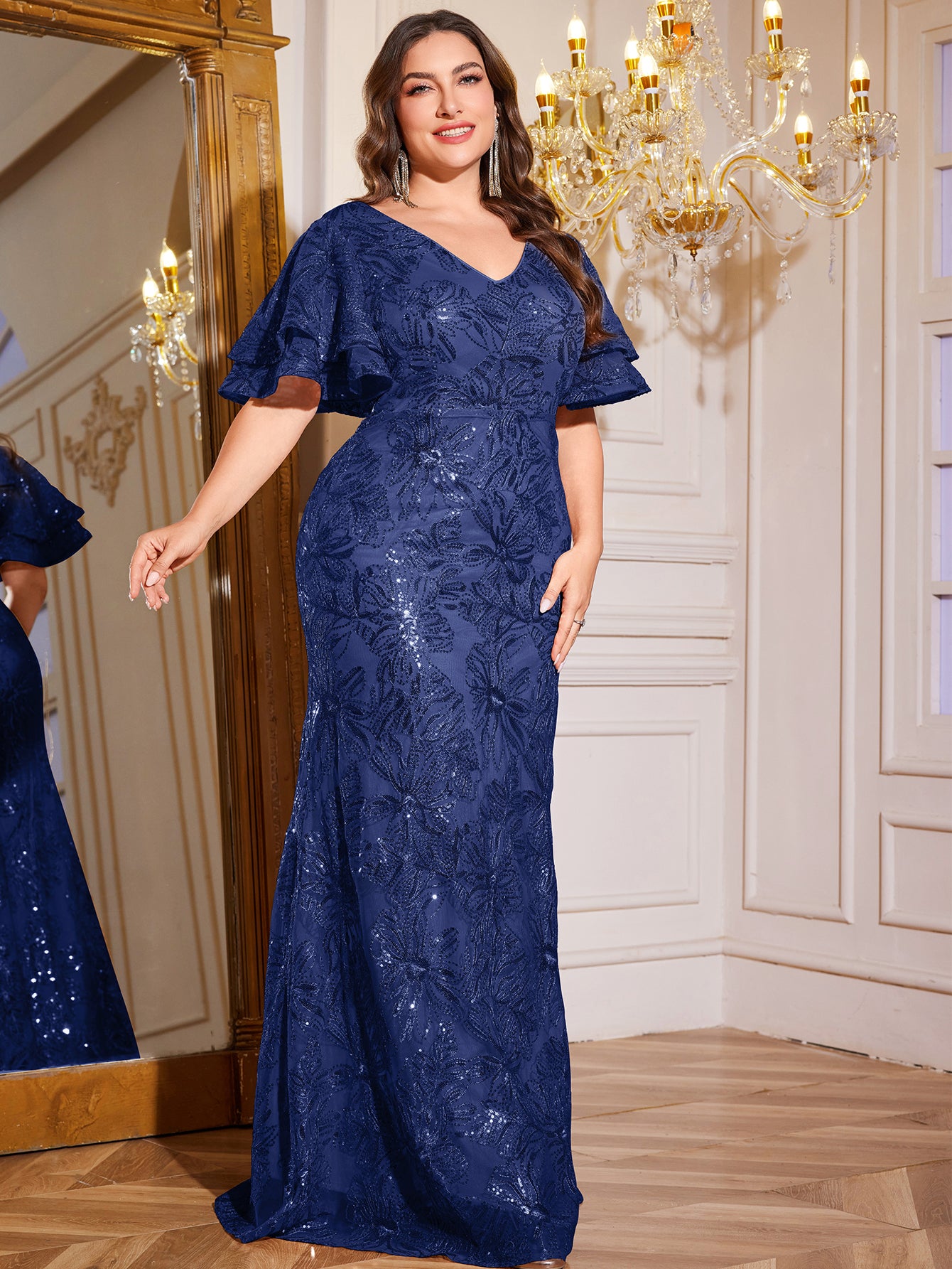 Rose Gold Sequin Ruffle Sleeve Mermaid Evening Gown
