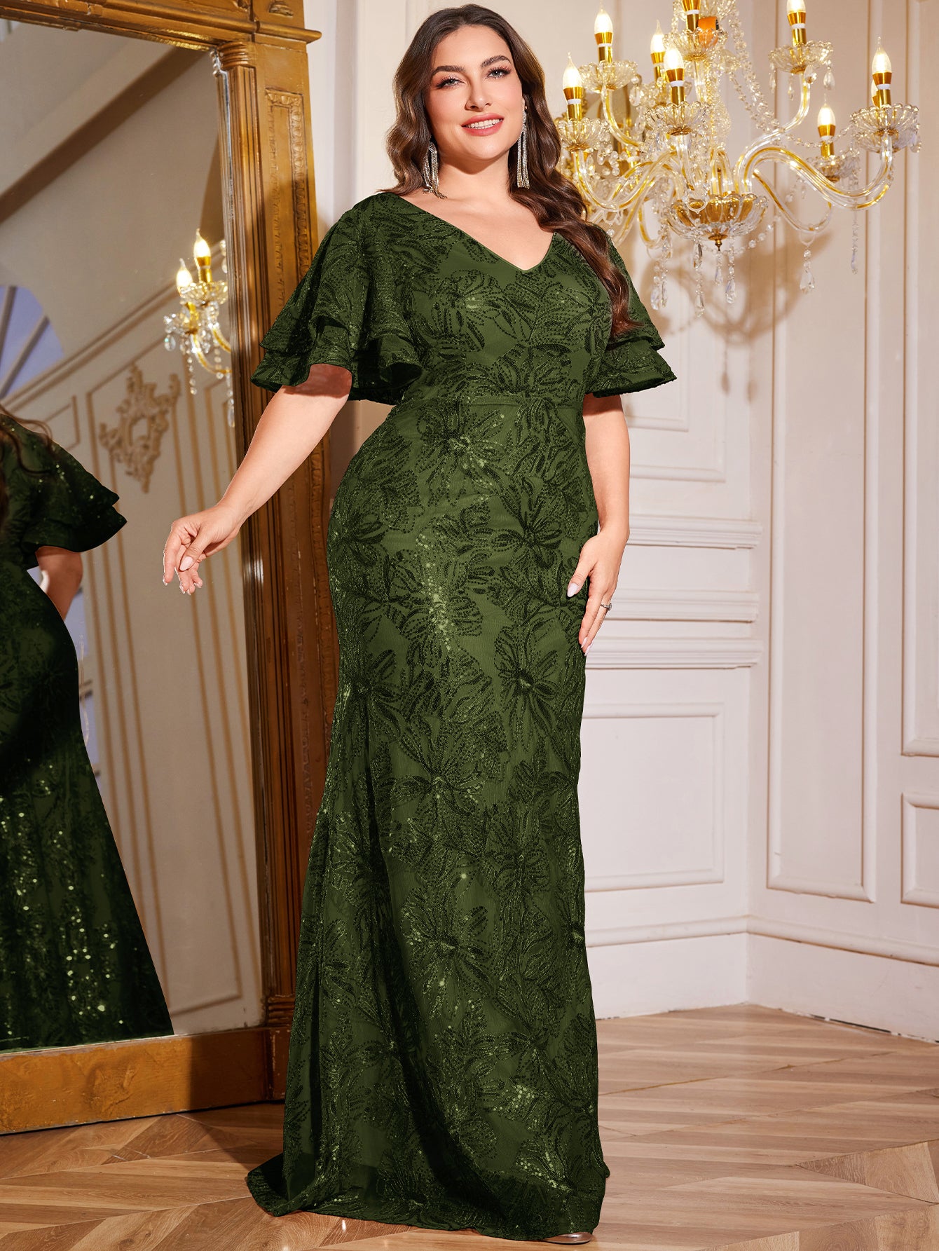 Rose Gold Sequin Ruffle Sleeve Mermaid Evening Gown