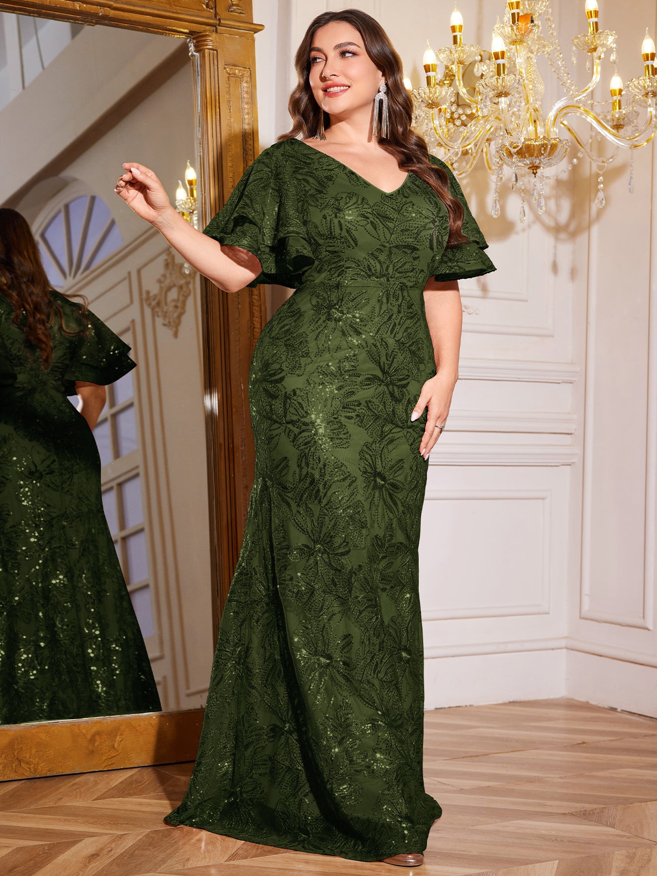 Rose Gold Sequin Ruffle Sleeve Mermaid Evening Gown