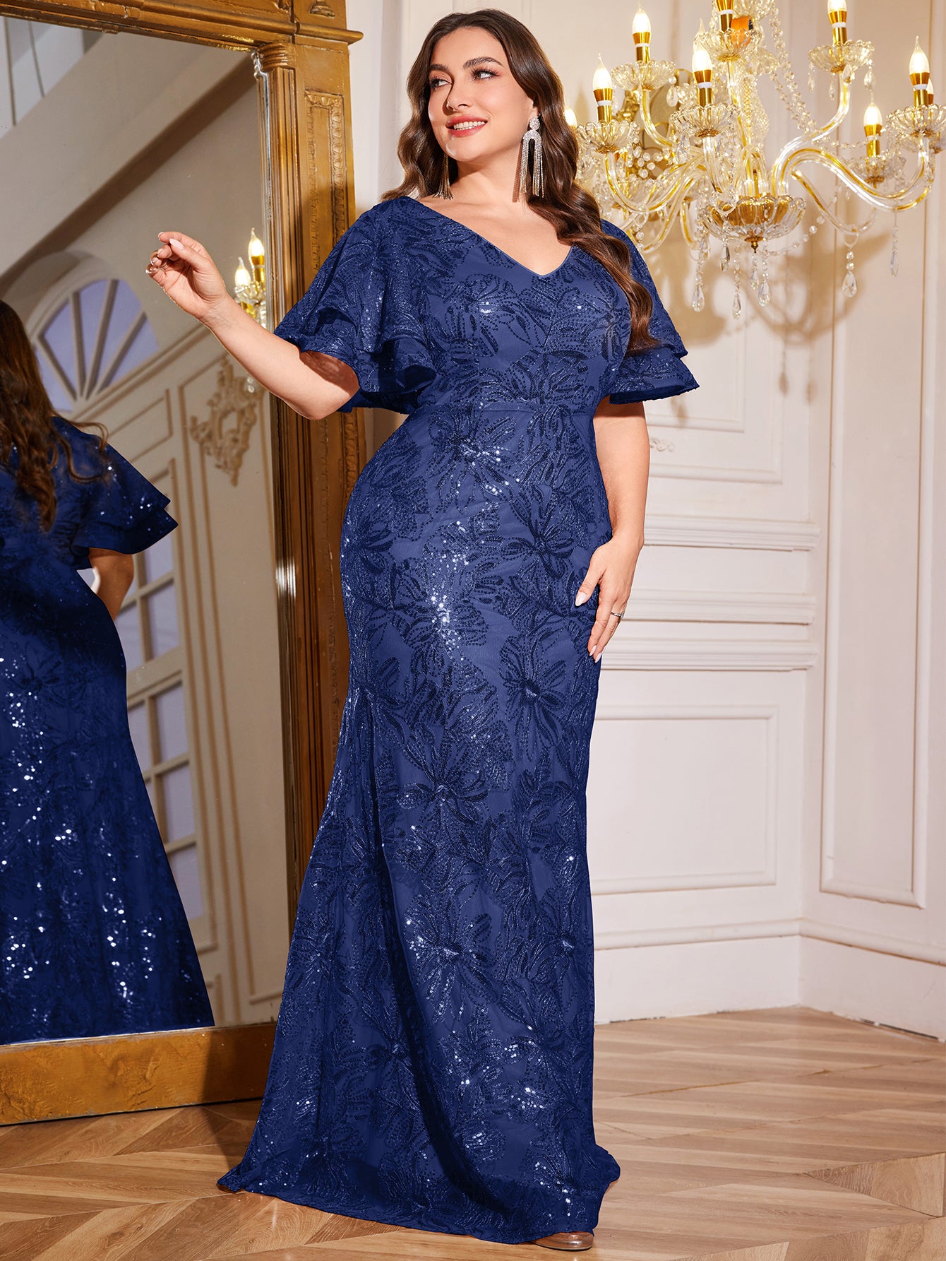 Rose Gold Sequin Ruffle Sleeve Mermaid Evening Gown