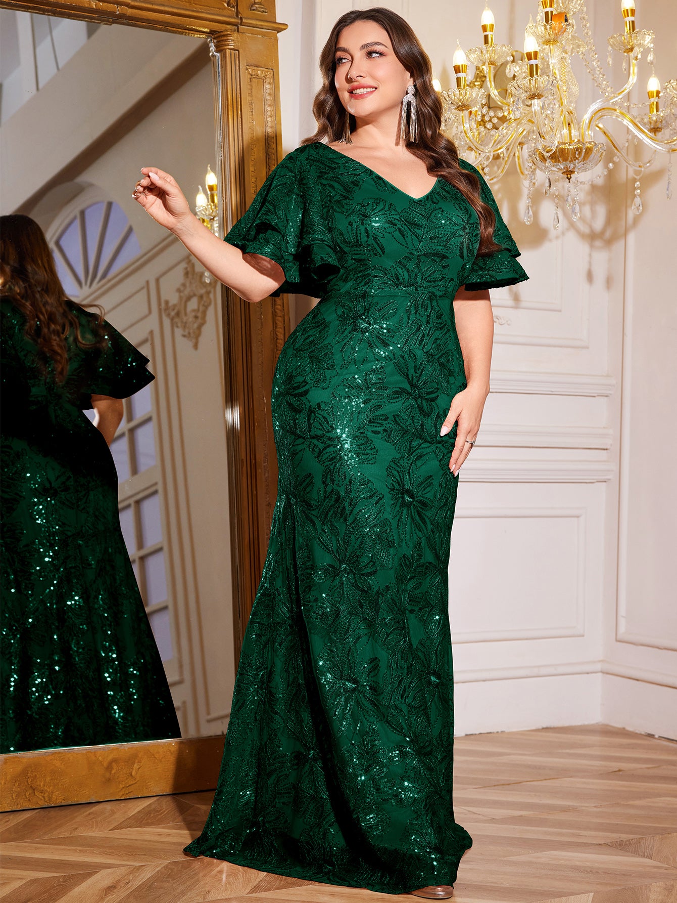 Rose Gold Sequin Ruffle Sleeve Mermaid Evening Gown