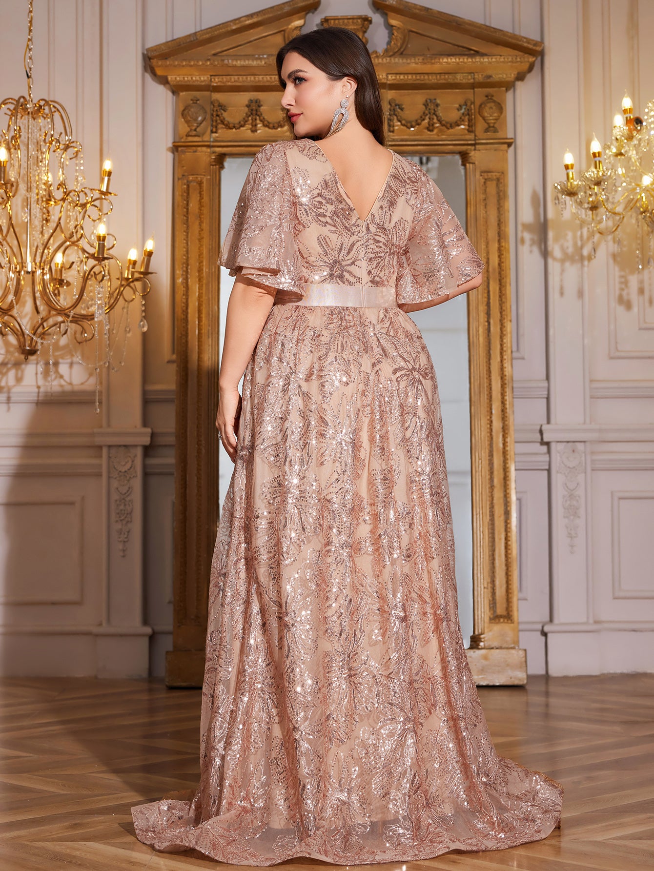 Rose Gold Sequin Flutter Sleeve Empire Waist A‑Line Plus Size Evening Gown