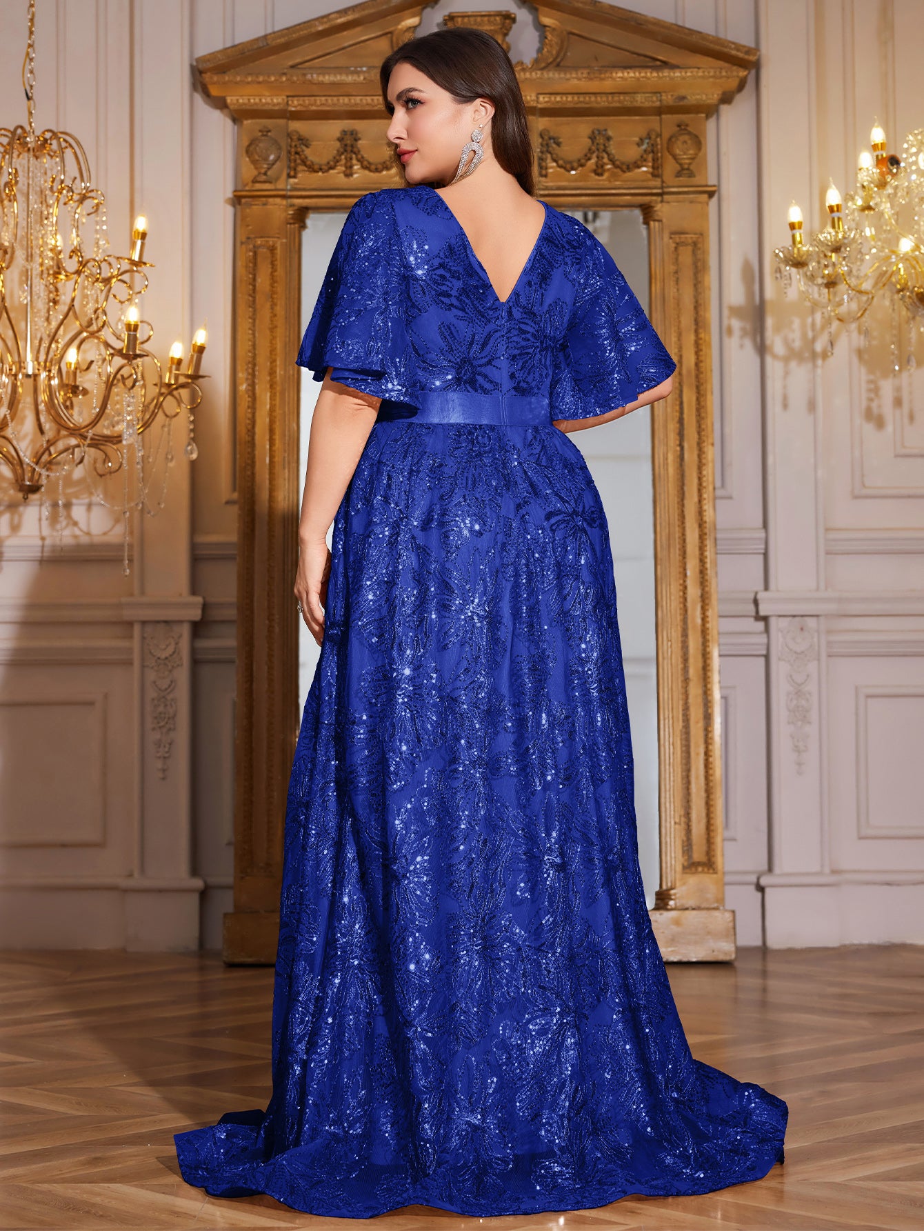 Rose Gold Sequin Flutter Sleeve Empire Waist A‑Line Plus Size Evening Gown