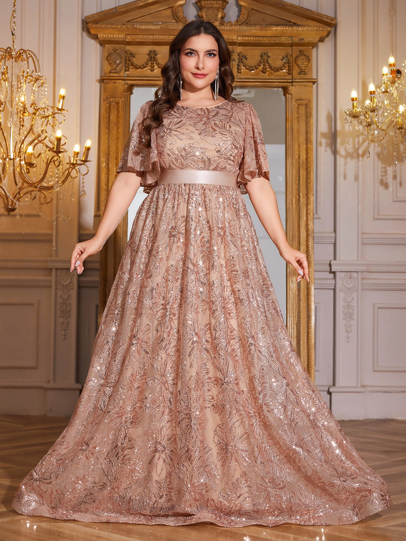 Rose Gold Sequin Flutter Sleeve Empire Waist A‑Line Plus Size Evening Gown