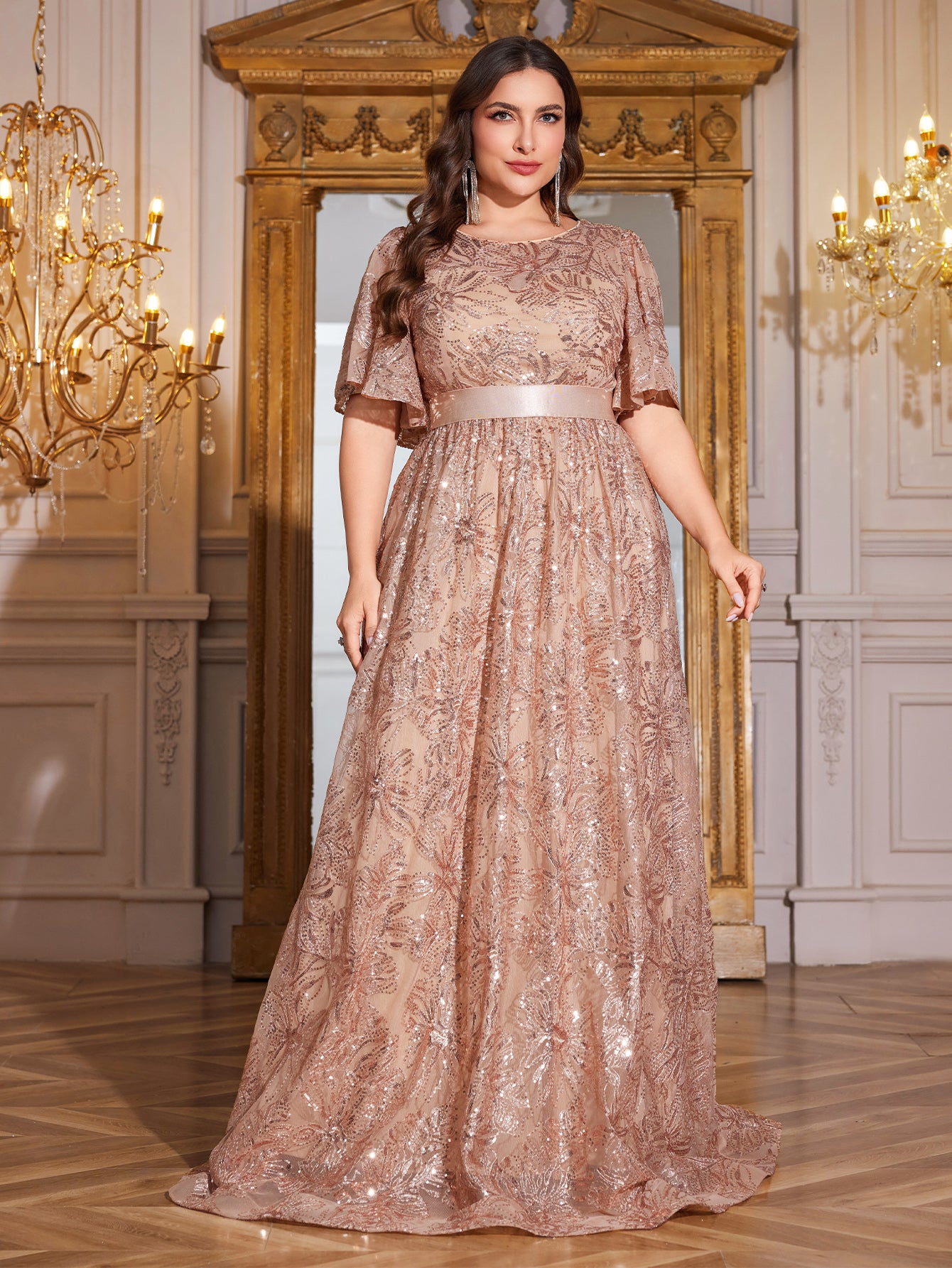 Rose Gold Sequin Flutter Sleeve Empire Waist A‑Line Plus Size Evening Gown