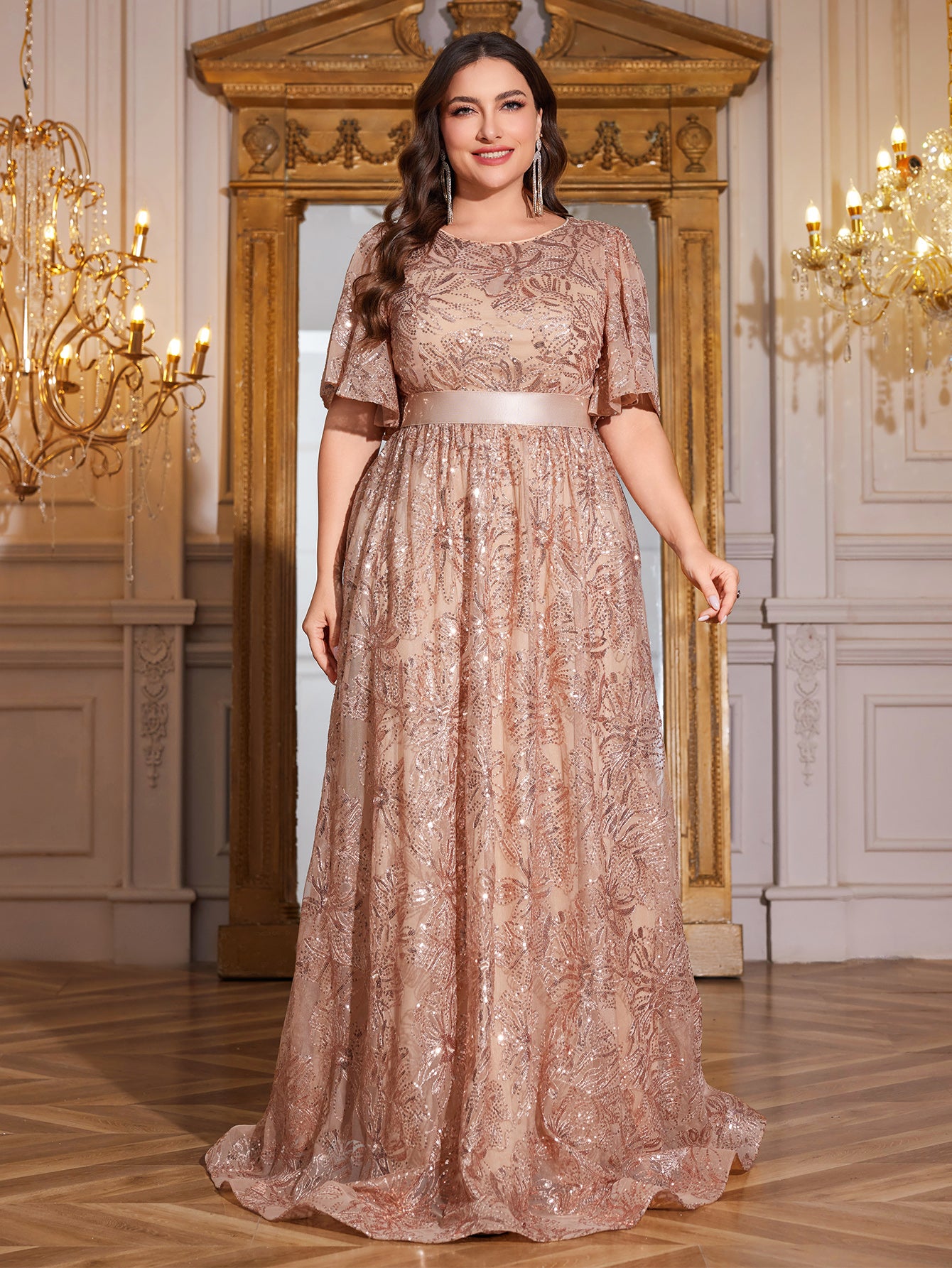 Rose Gold Sequin Flutter Sleeve Empire Waist A‑Line Plus Size Evening Gown