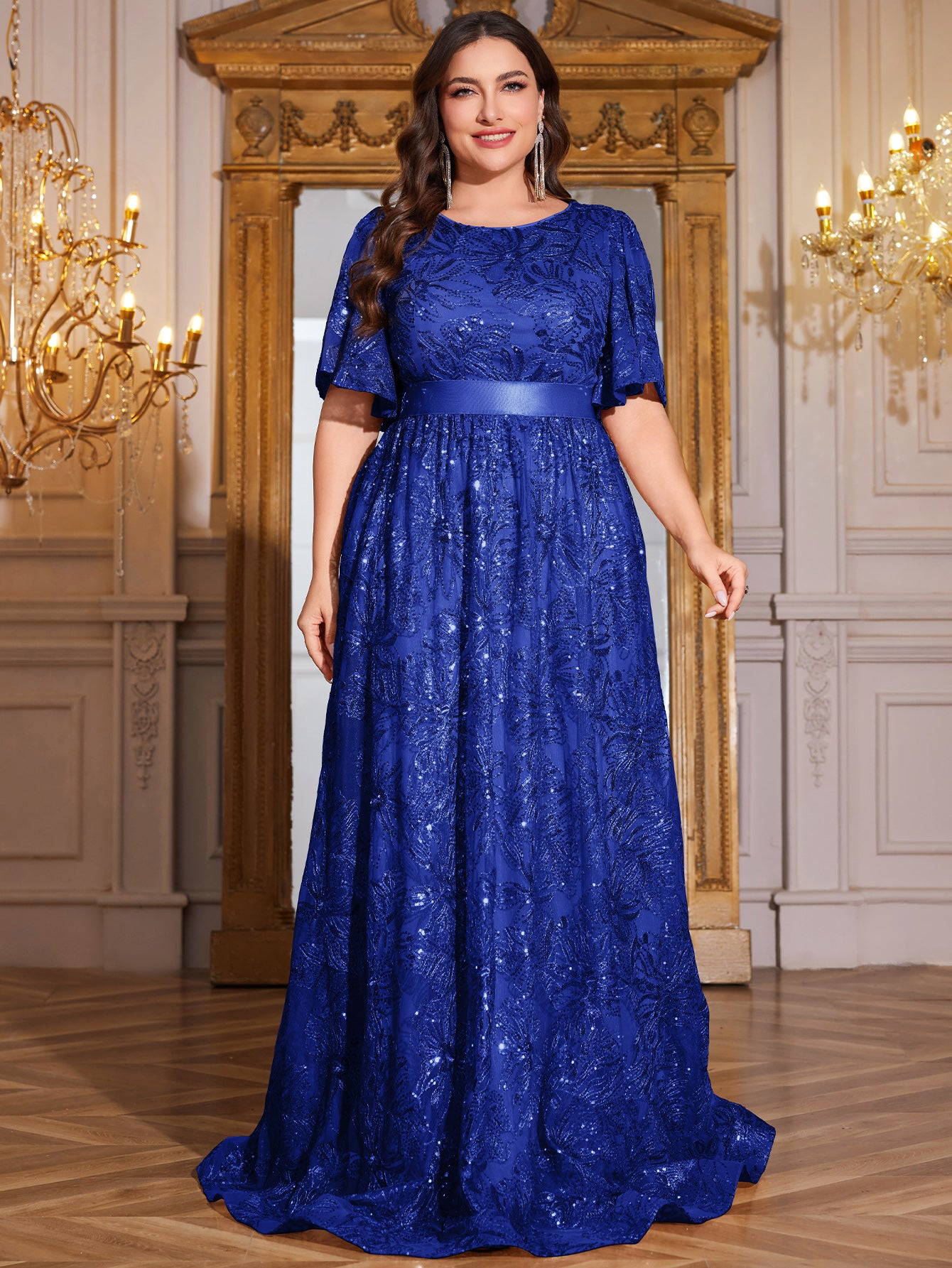 Rose Gold Sequin Flutter Sleeve Empire Waist A‑Line Plus Size Evening Gown