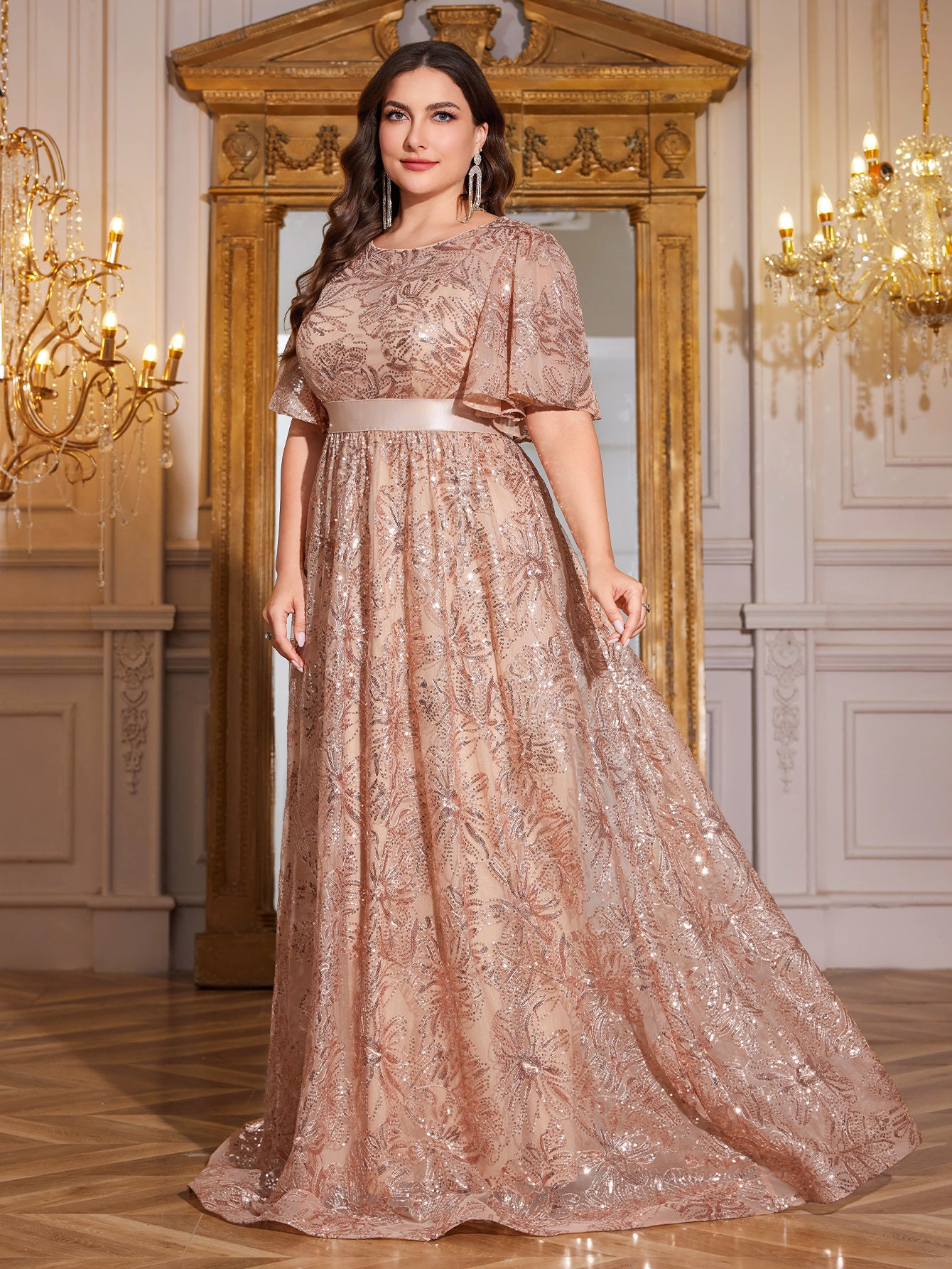 Rose Gold Sequin Flutter Sleeve Empire Waist A‑Line Plus Size Evening Gown