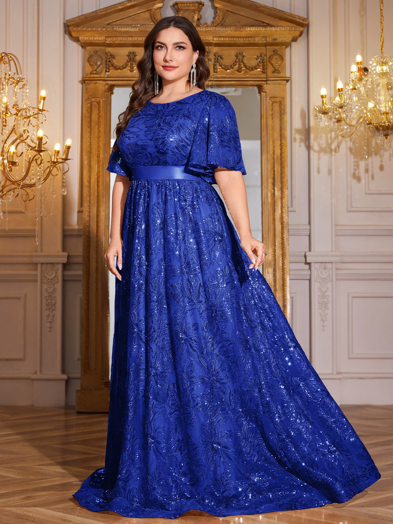 Rose Gold Sequin Flutter Sleeve Empire Waist A‑Line Plus Size Evening Gown