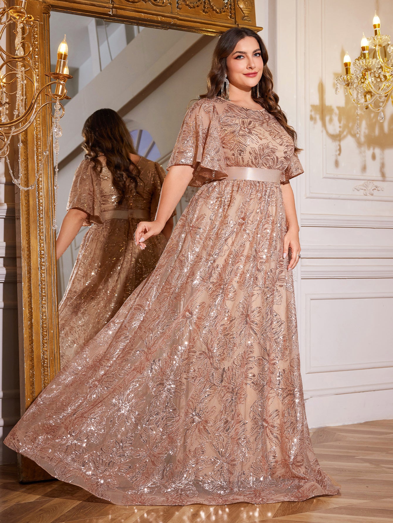 Rose Gold Sequin Flutter Sleeve Empire Waist A‑Line Plus Size Evening Gown