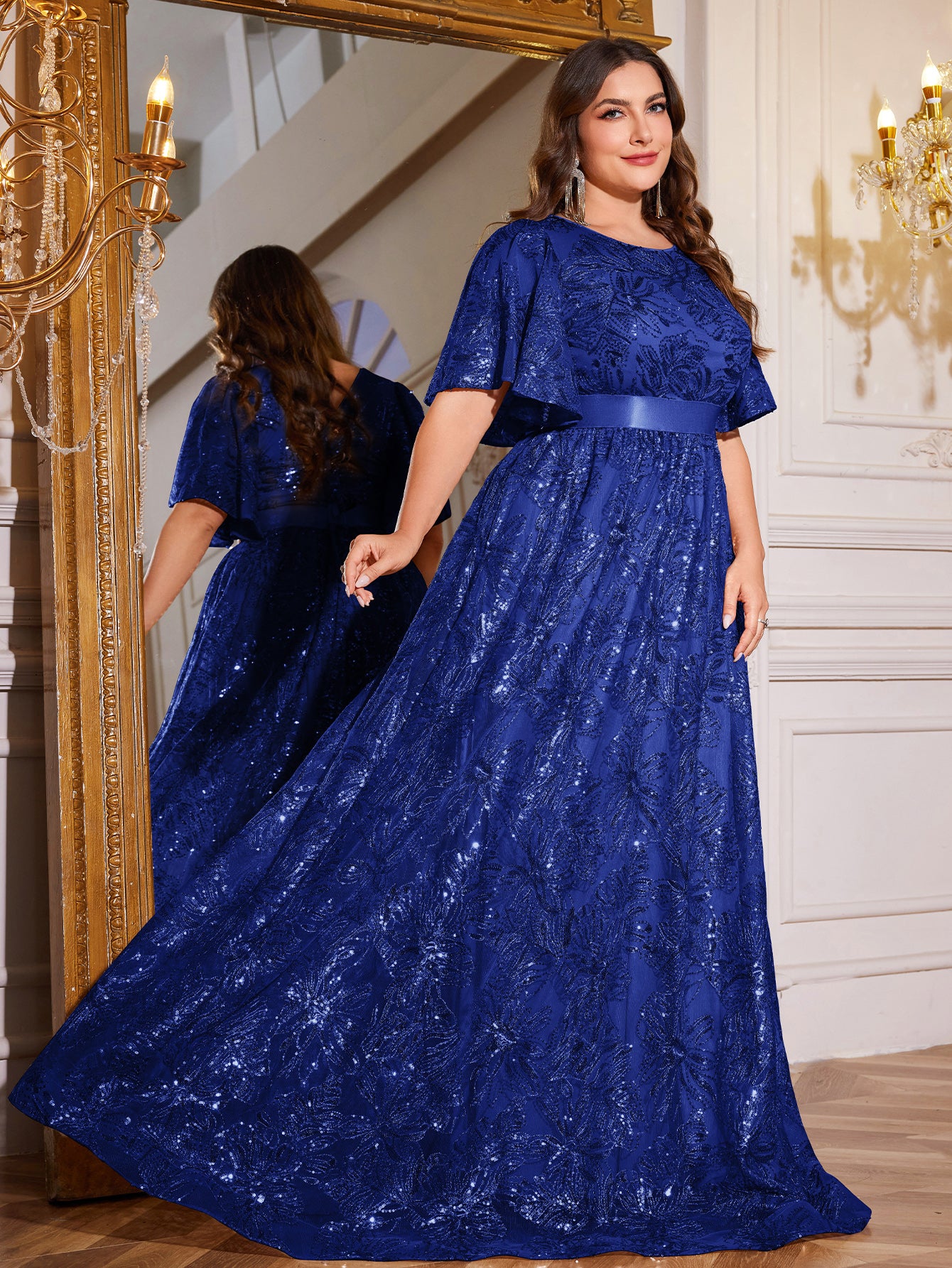 Rose Gold Sequin Flutter Sleeve Empire Waist A‑Line Plus Size Evening Gown