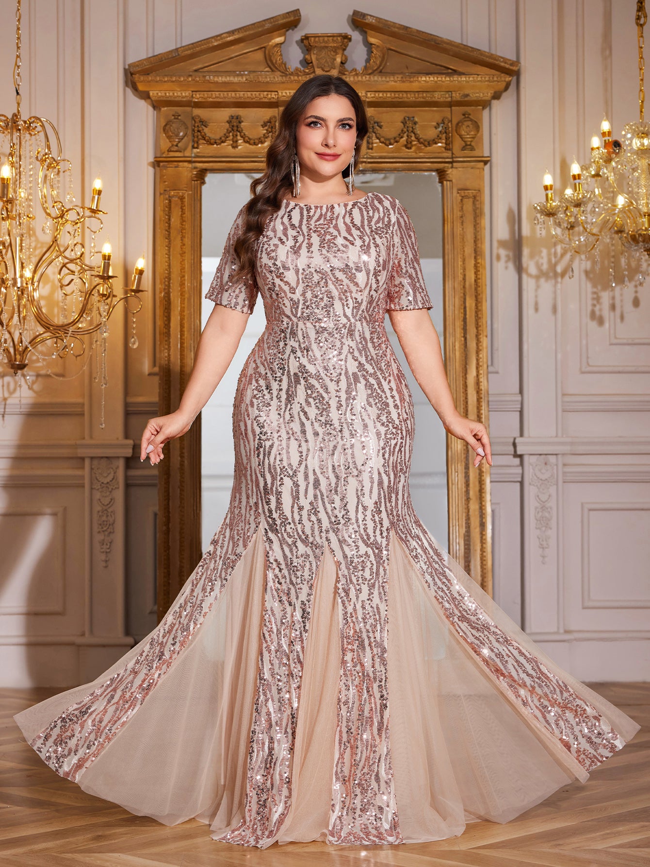 Rose Gold Stripe Sequin Short Sleeve Mesh Mermaid Plus Size Evening Gown