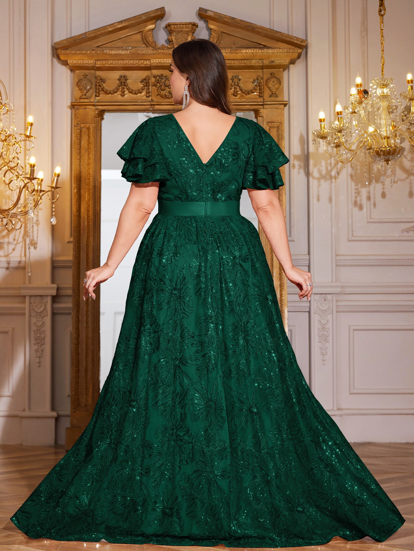 Royal Blue Sequin Ruffle Sleeve High‑Waist A‑Line Evening Gown