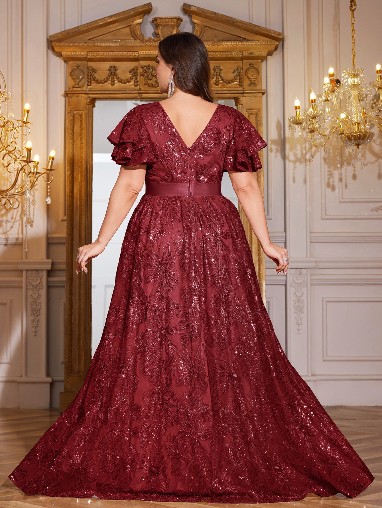 Royal Blue Sequin Ruffle Sleeve High‑Waist A‑Line Evening Gown