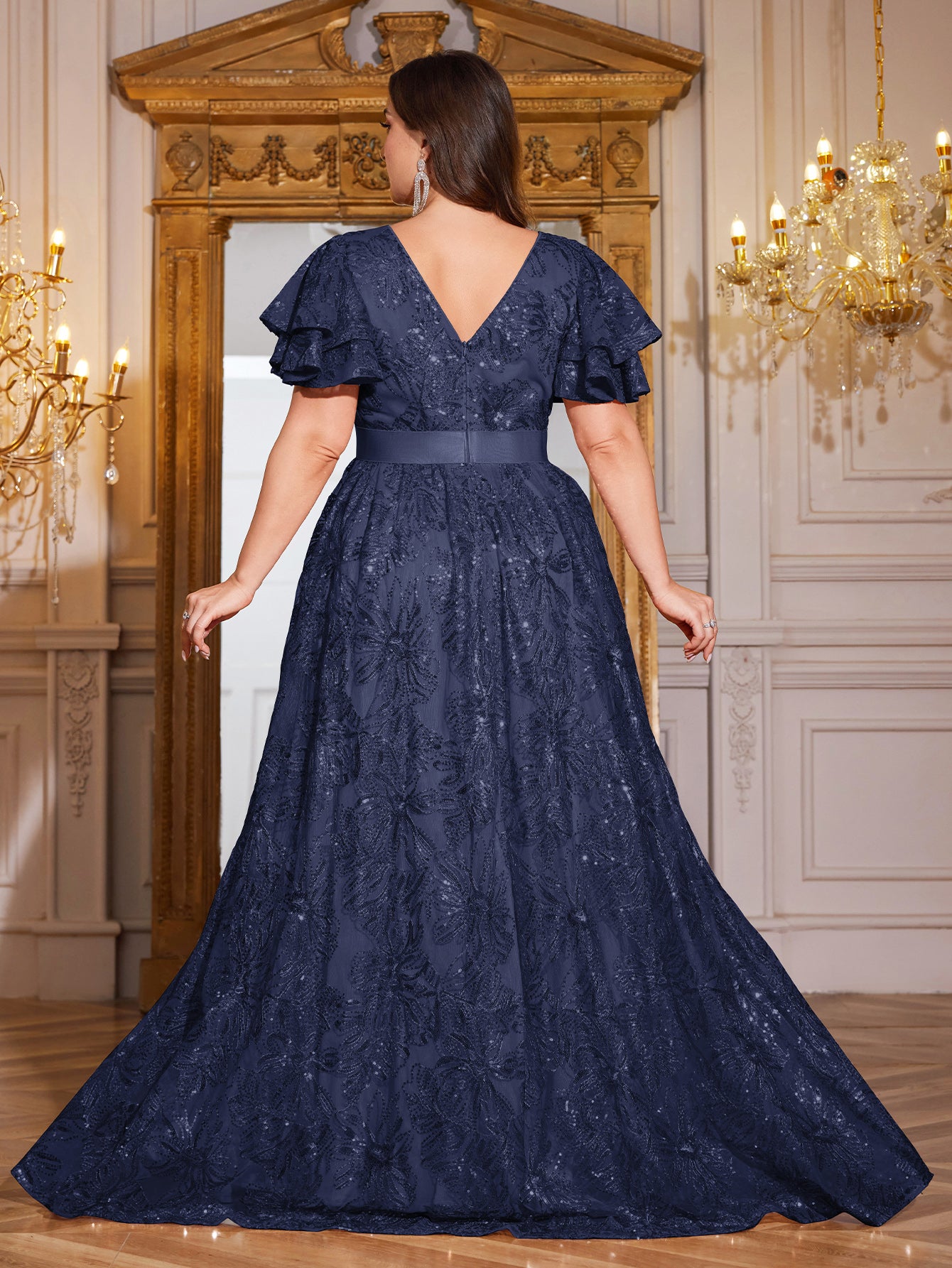 Royal Blue Sequin Ruffle Sleeve High‑Waist A‑Line Evening Gown