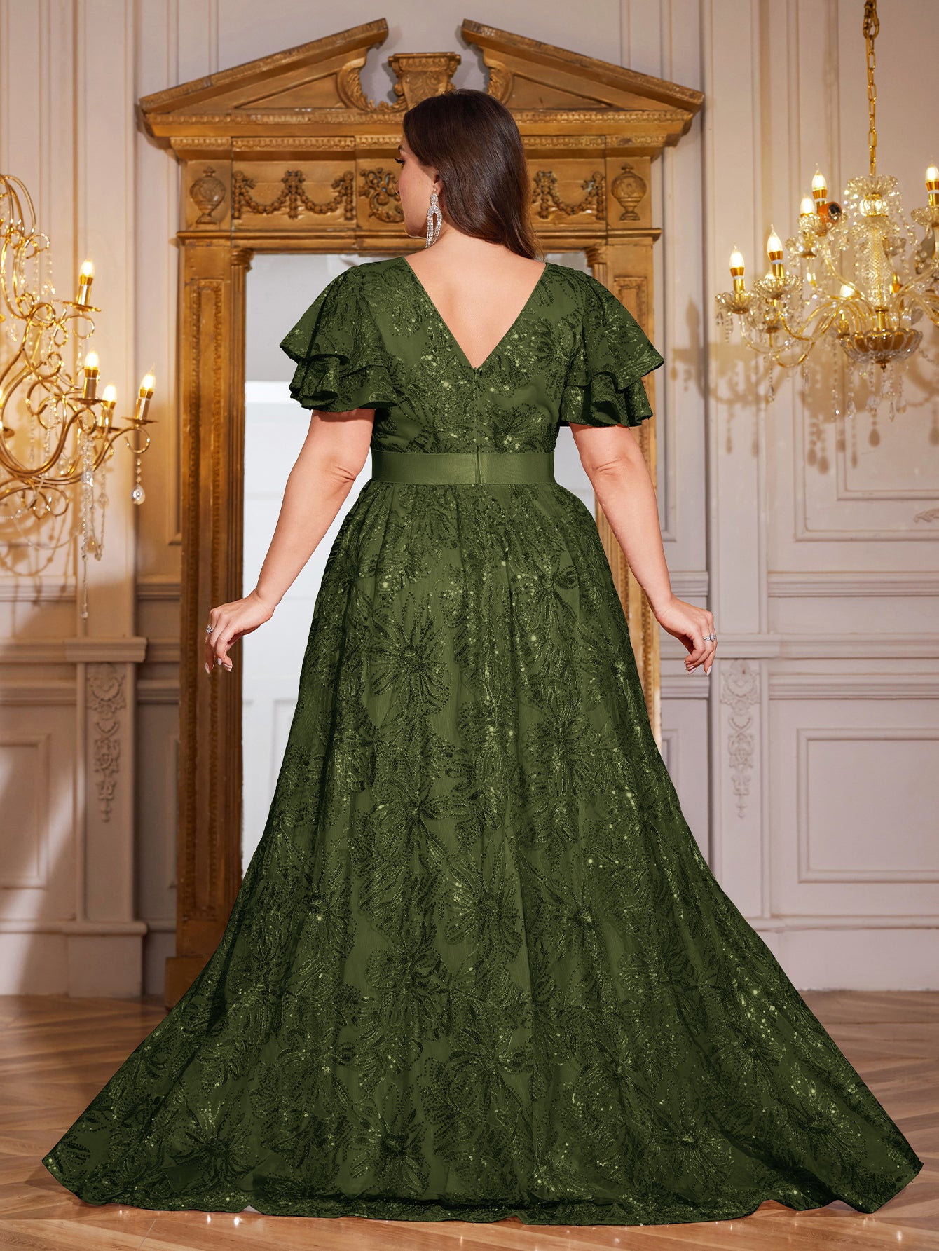 Royal Blue Sequin Ruffle Sleeve High‑Waist A‑Line Evening Gown