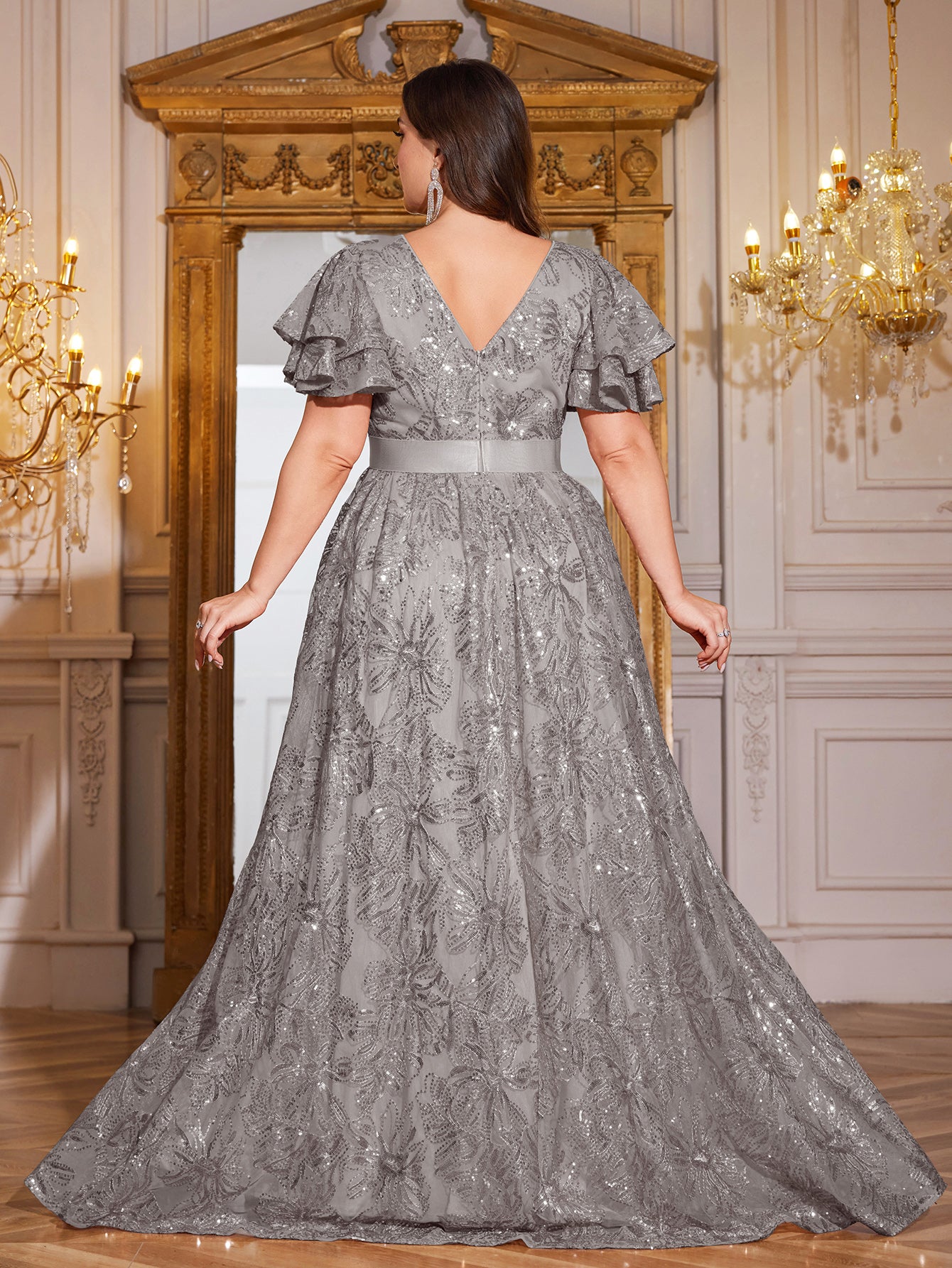 Royal Blue Sequin Ruffle Sleeve High‑Waist A‑Line Evening Gown
