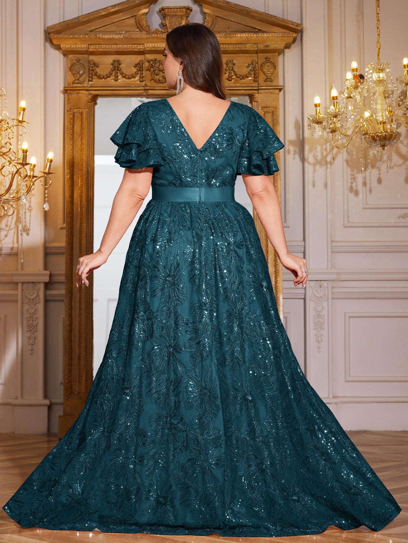 Royal Blue Sequin Ruffle Sleeve High‑Waist A‑Line Evening Gown