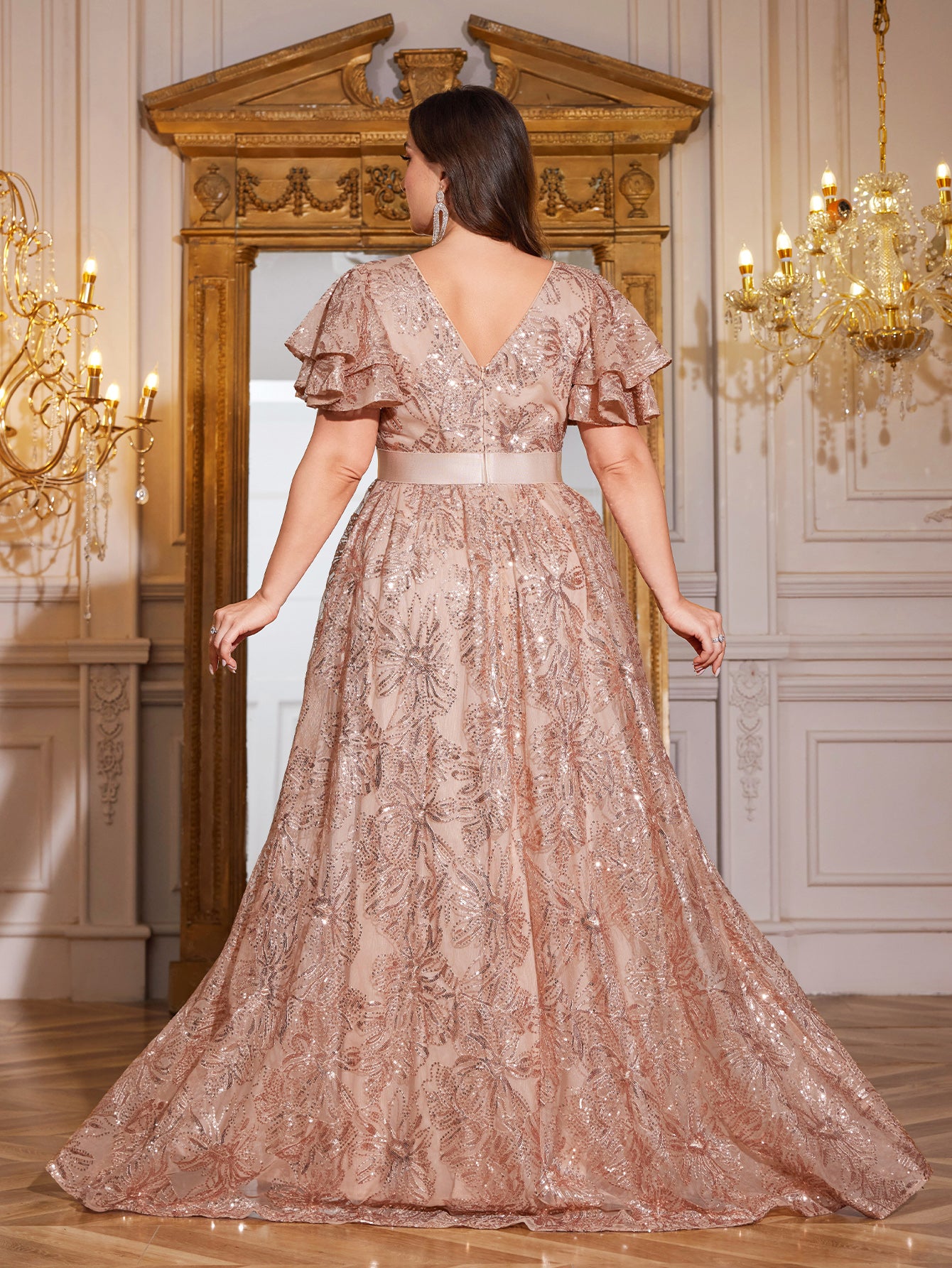 Royal Blue Sequin Ruffle Sleeve High‑Waist A‑Line Evening Gown