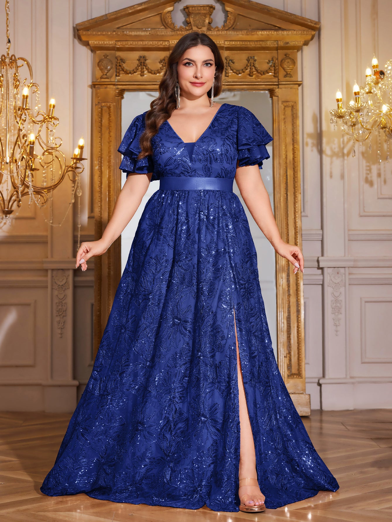Royal Blue Sequin Ruffle Sleeve High‑Waist A‑Line Evening Gown