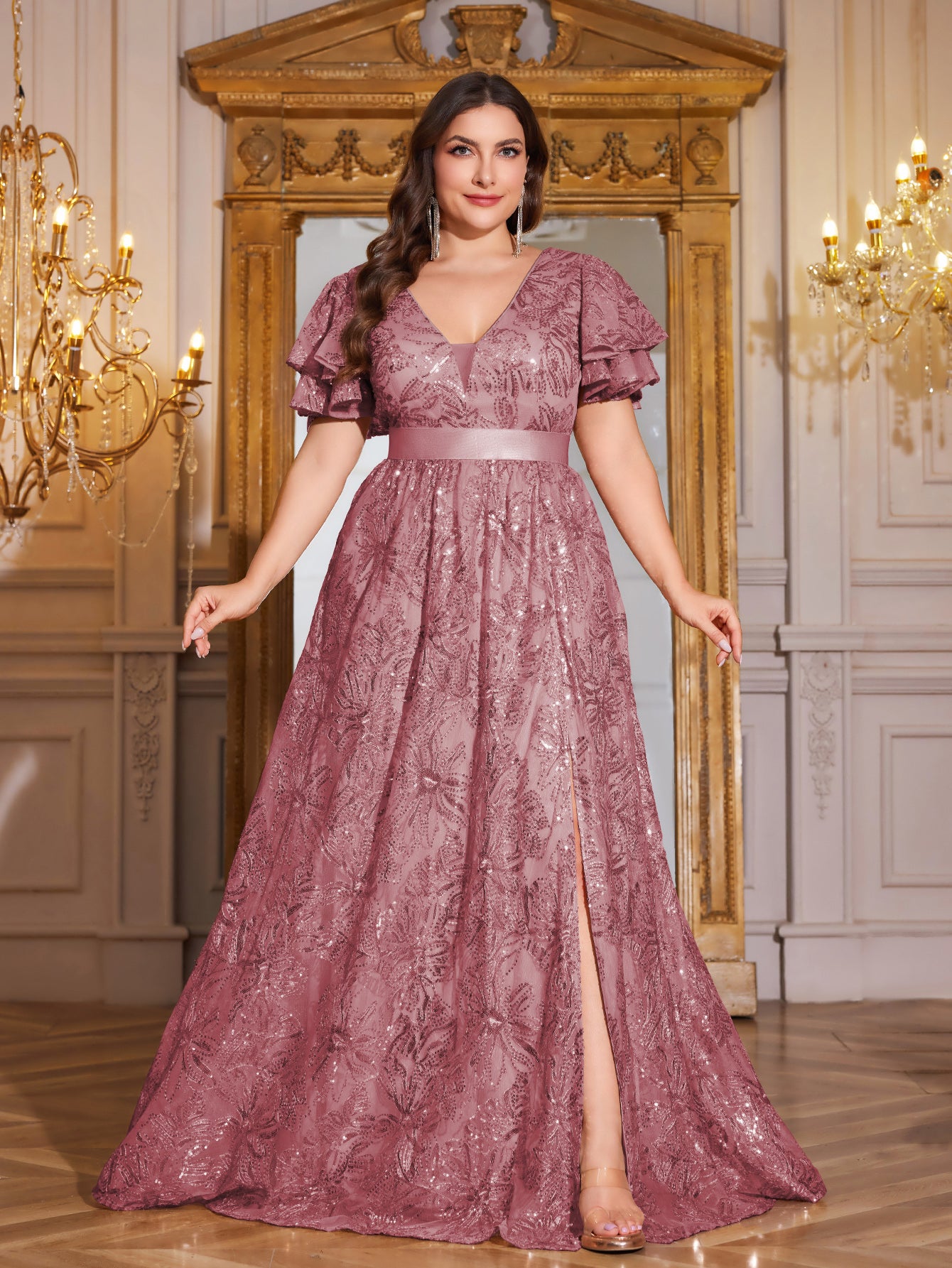 Royal Blue Sequin Ruffle Sleeve High‑Waist A‑Line Evening Gown