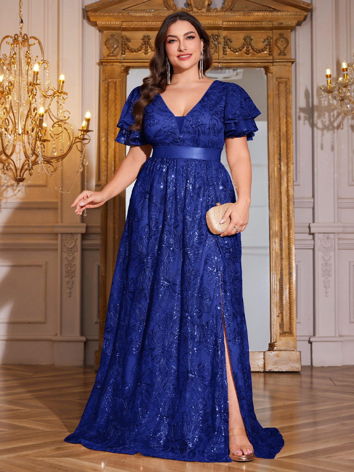 Royal Blue Sequin Ruffle Sleeve High‑Waist A‑Line Evening Gown