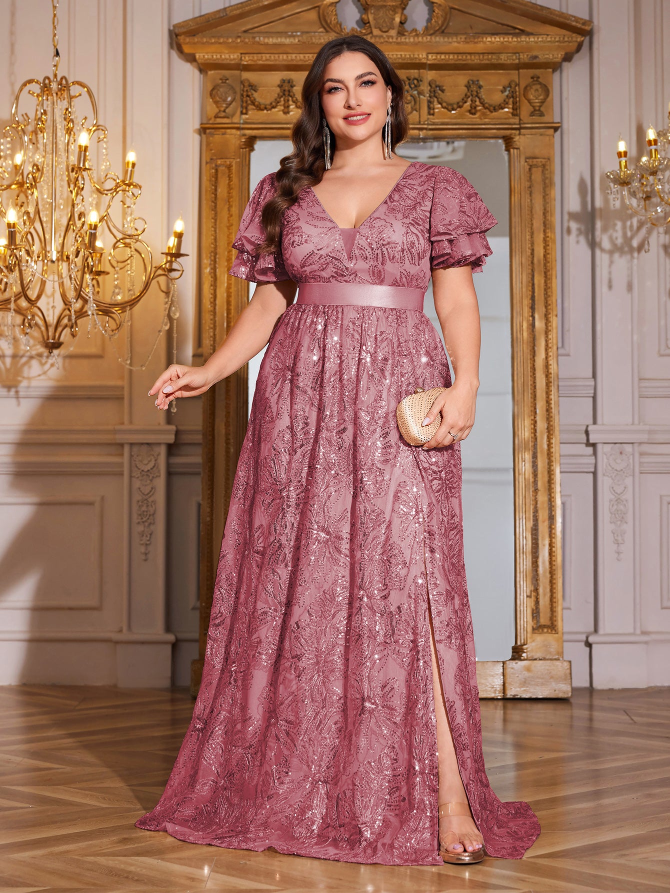 Royal Blue Sequin Ruffle Sleeve High‑Waist A‑Line Evening Gown