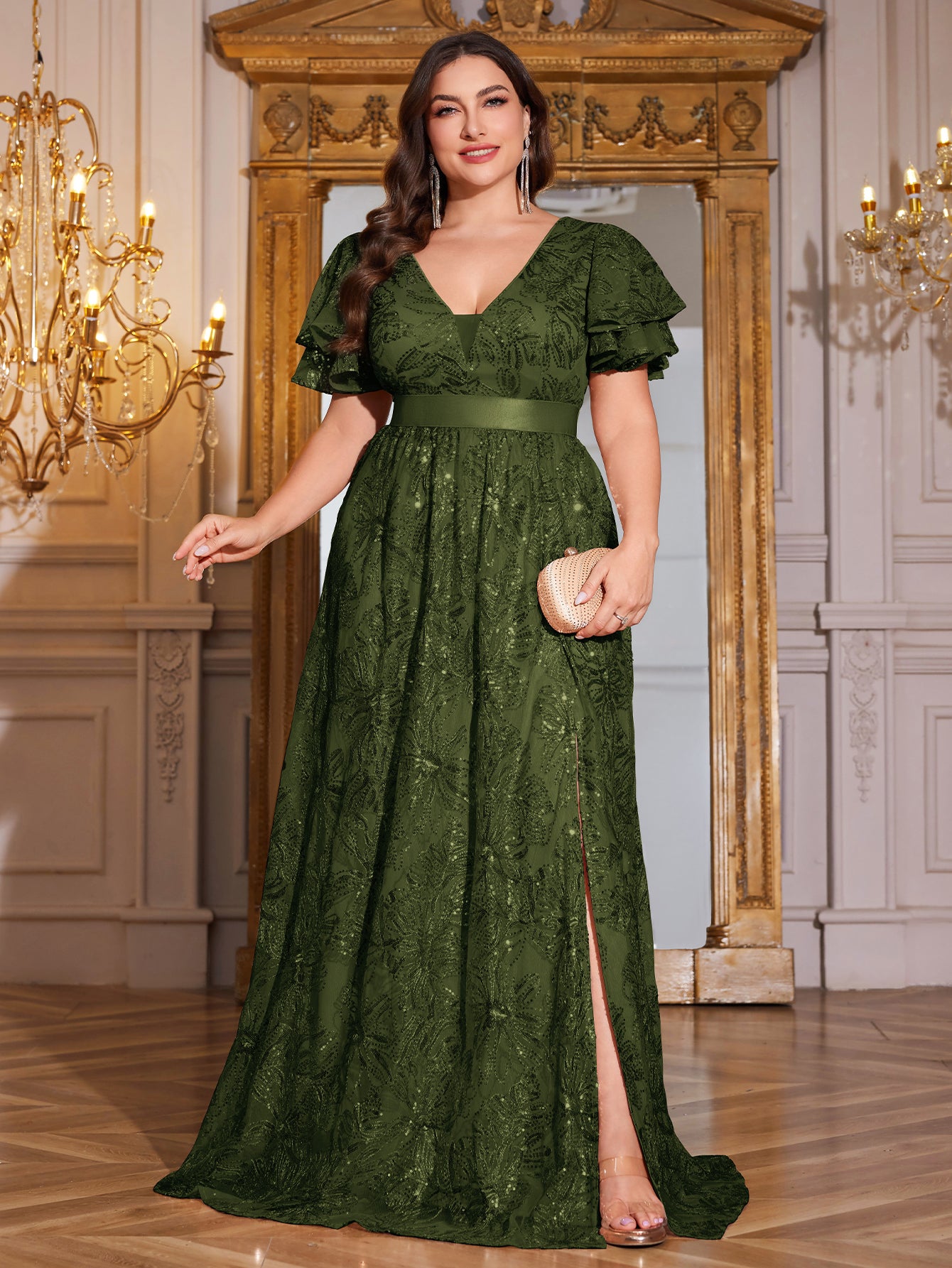 Royal Blue Sequin Ruffle Sleeve High‑Waist A‑Line Evening Gown