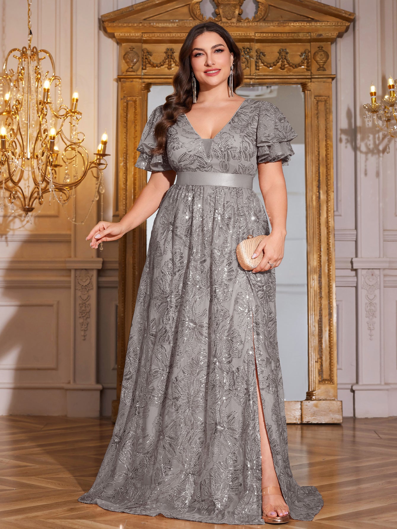Royal Blue Sequin Ruffle Sleeve High‑Waist A‑Line Evening Gown