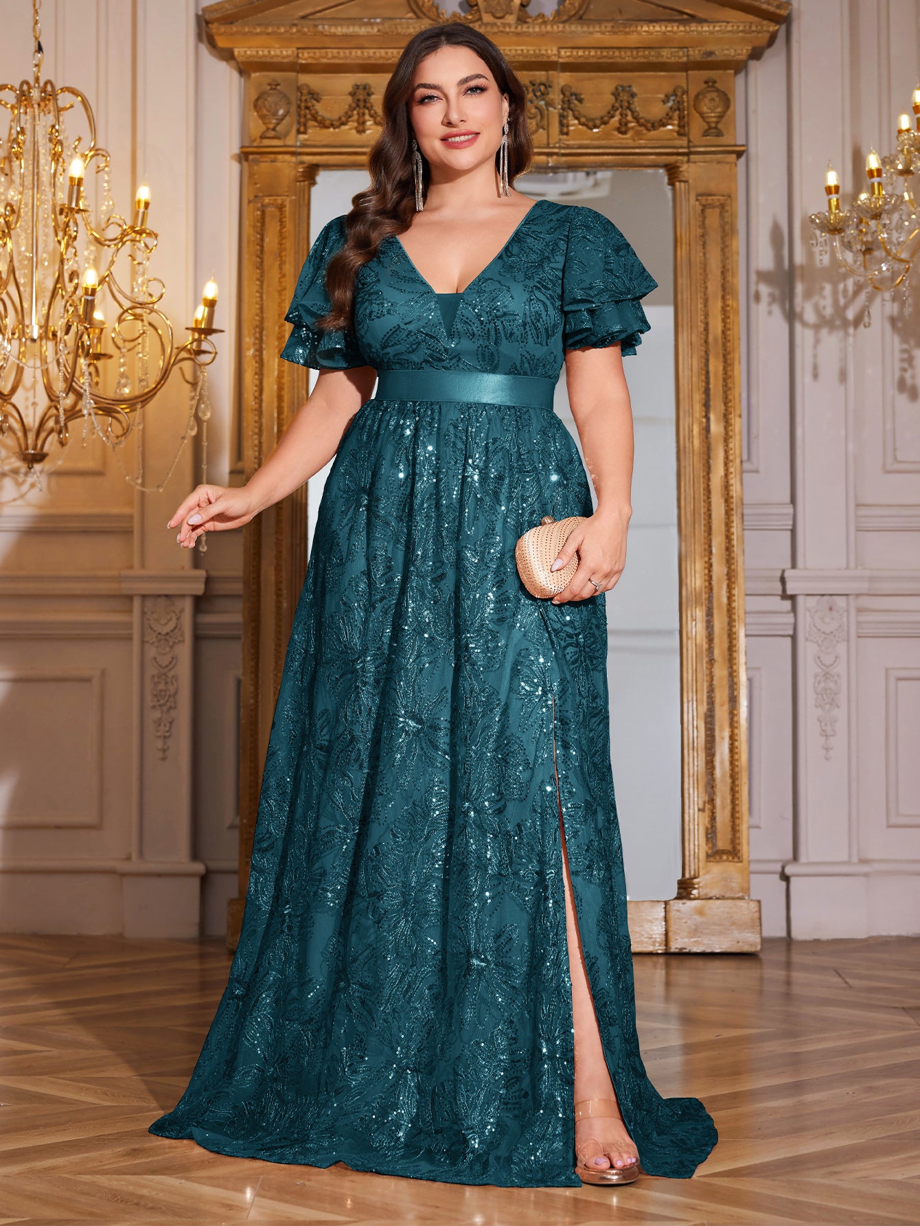 Royal Blue Sequin Ruffle Sleeve High‑Waist A‑Line Evening Gown