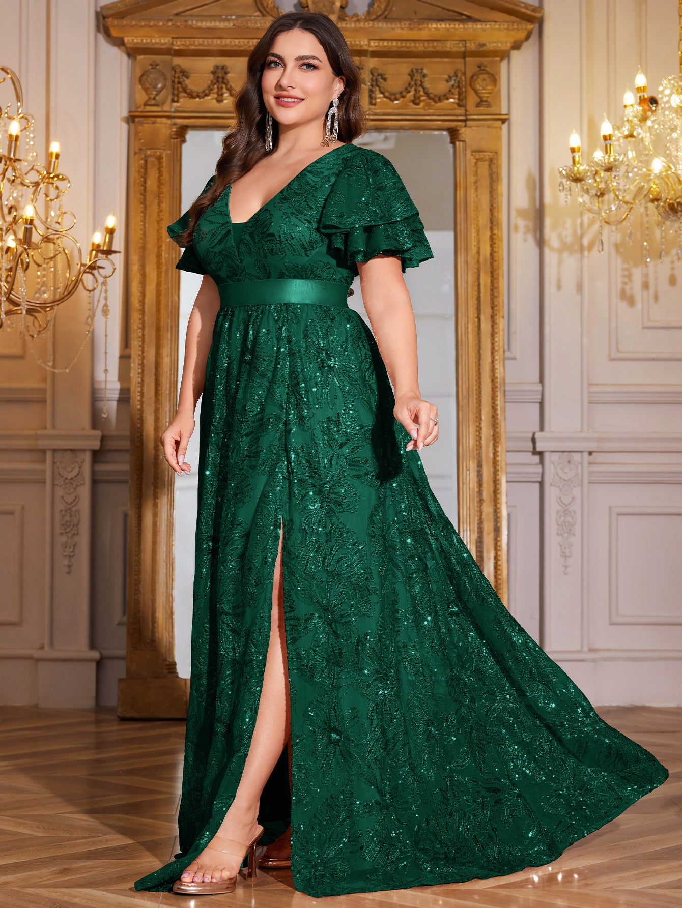 Royal Blue Sequin Ruffle Sleeve High‑Waist A‑Line Evening Gown