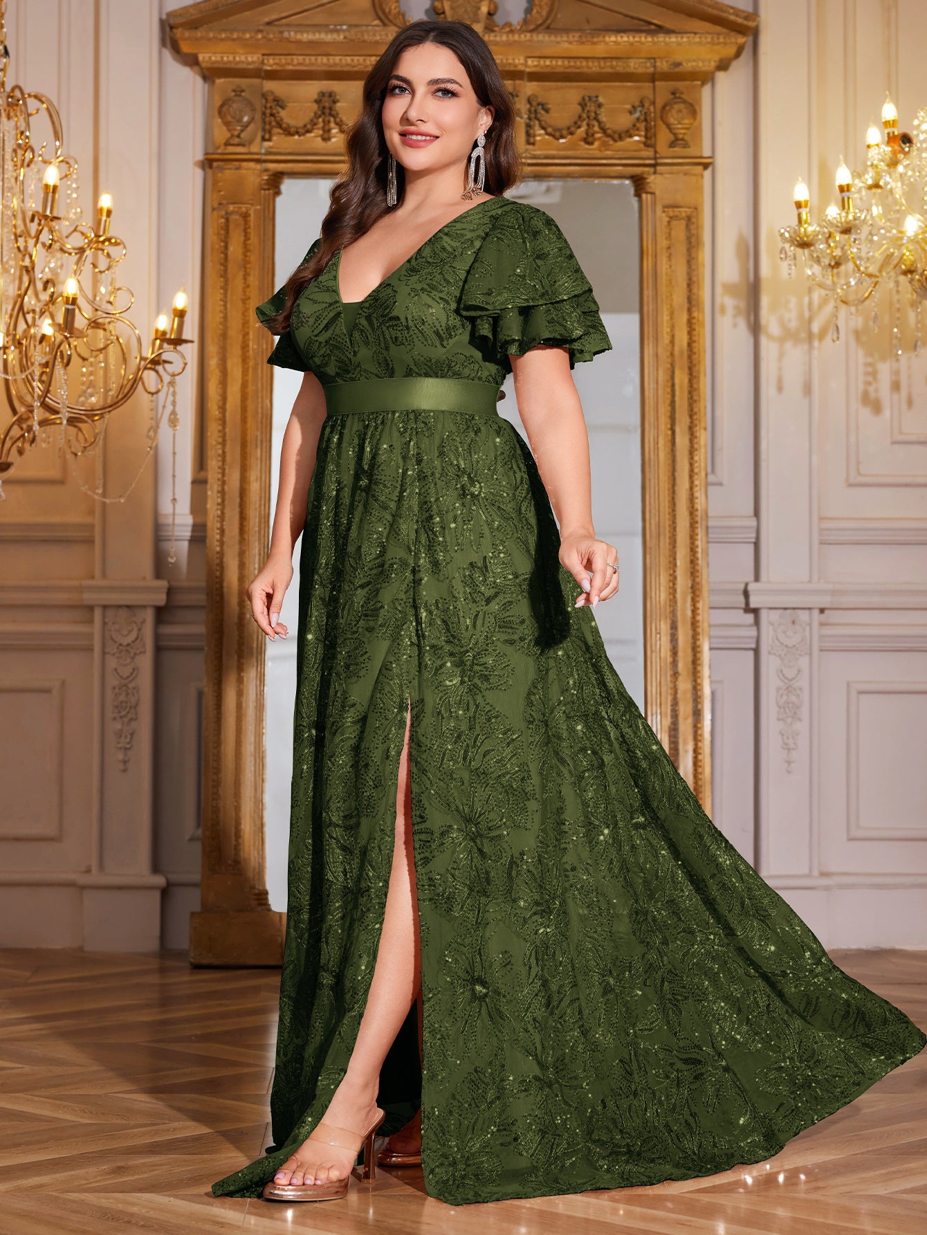 Royal Blue Sequin Ruffle Sleeve High‑Waist A‑Line Evening Gown