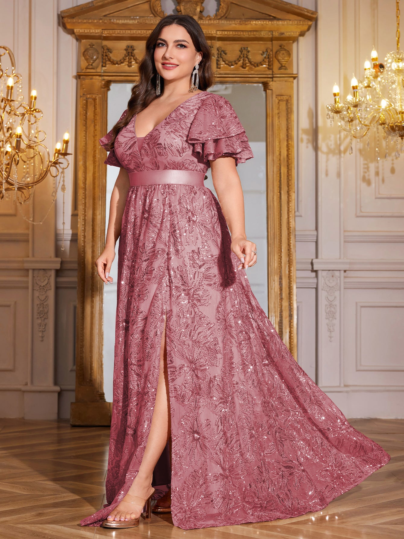 Royal Blue Sequin Ruffle Sleeve High‑Waist A‑Line Evening Gown