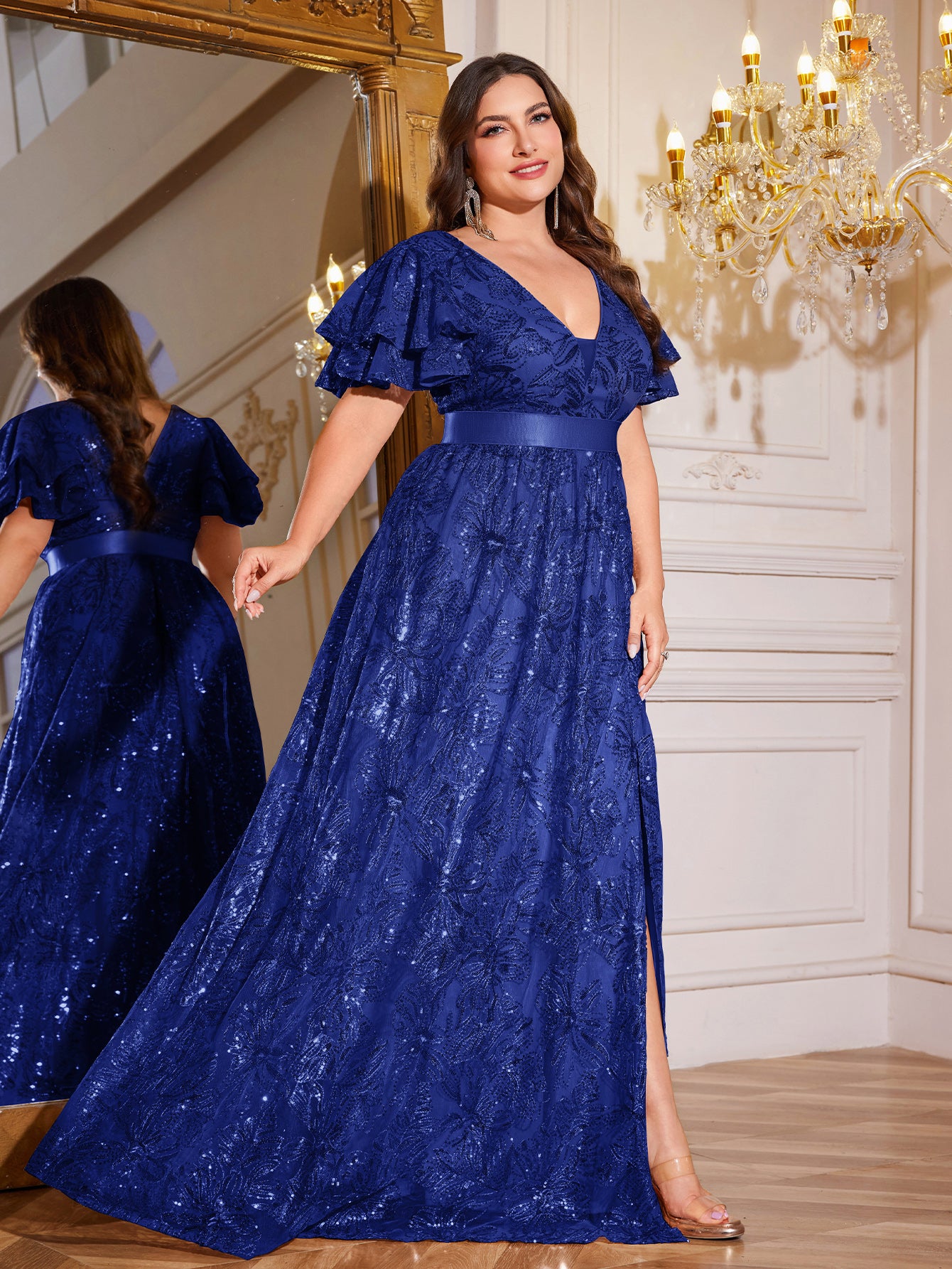 Royal Blue Sequin Ruffle Sleeve High‑Waist A‑Line Evening Gown