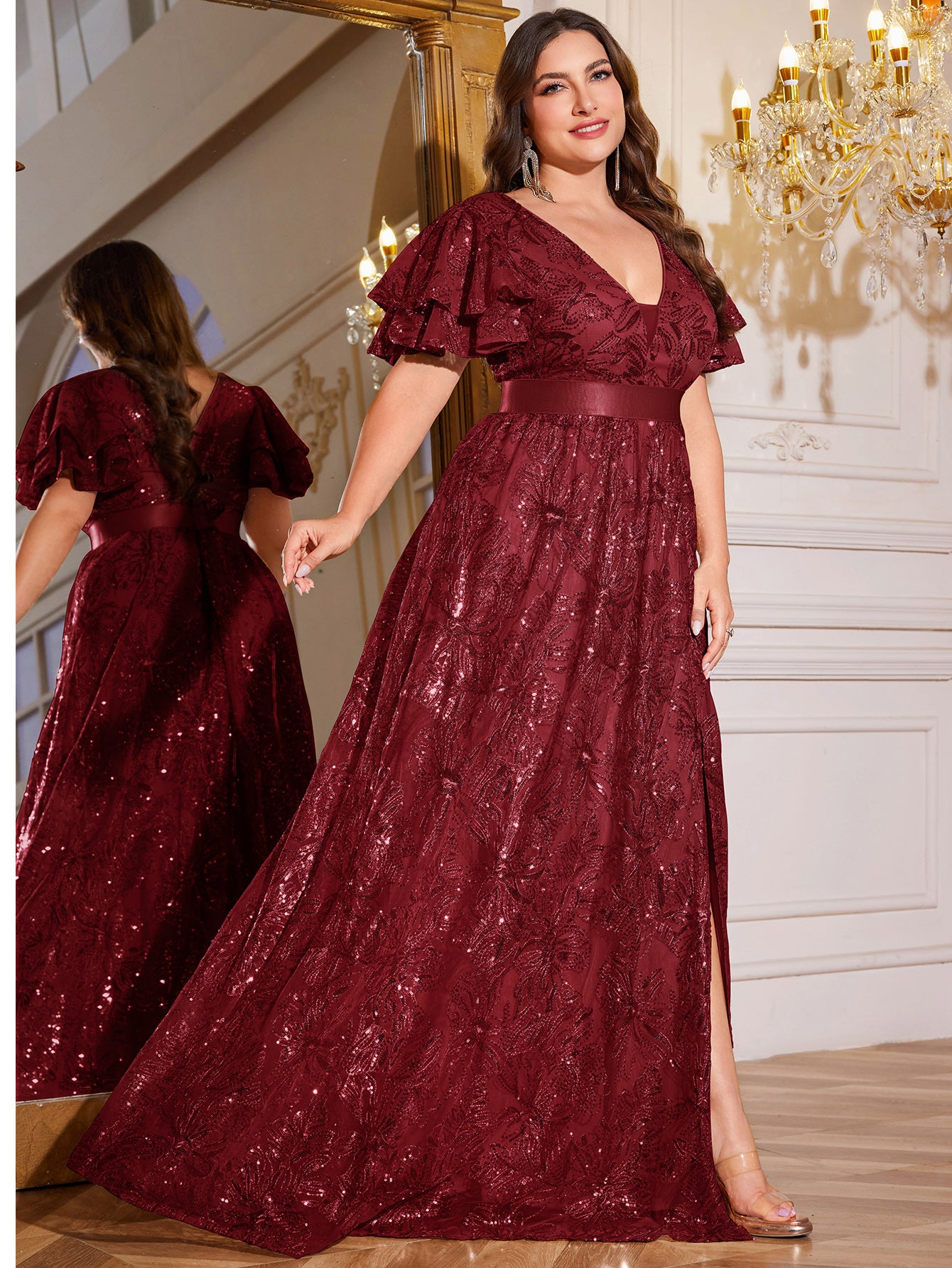 Royal Blue Sequin Ruffle Sleeve High‑Waist A‑Line Evening Gown