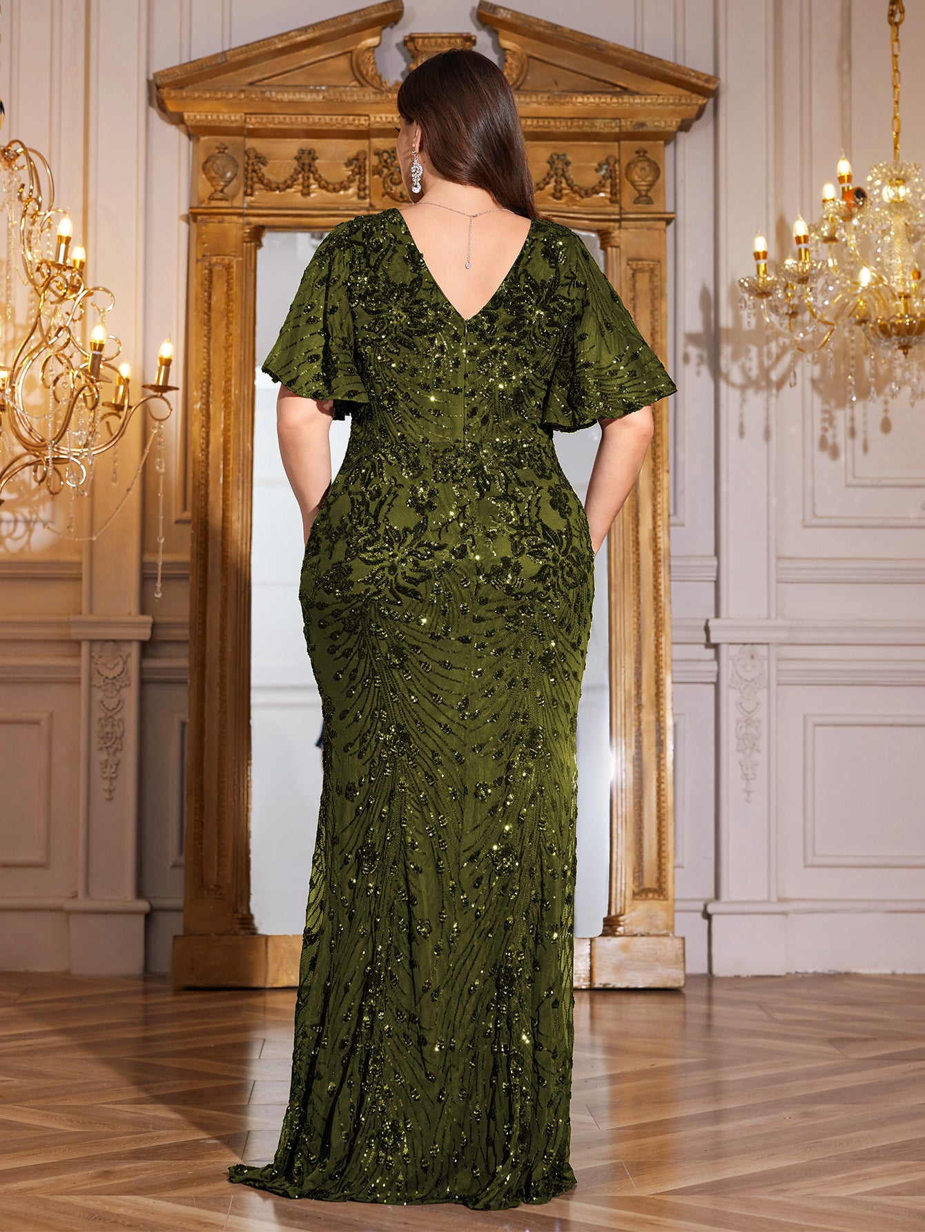 Royal Blue Sequin Flutter Sleeve Mermaid Evening Gown