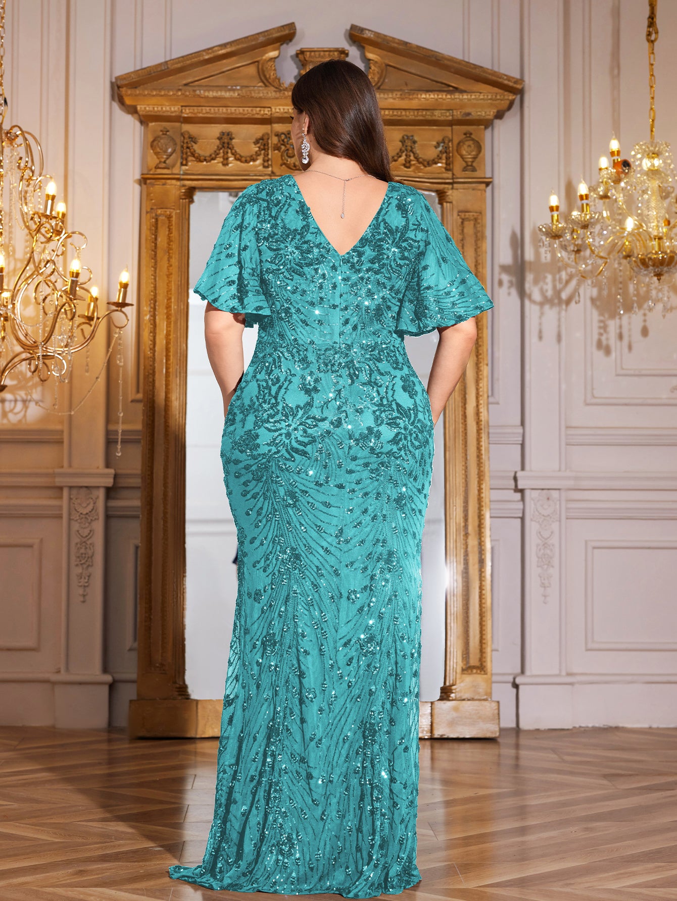 Royal Blue Sequin Flutter Sleeve Mermaid Evening Gown