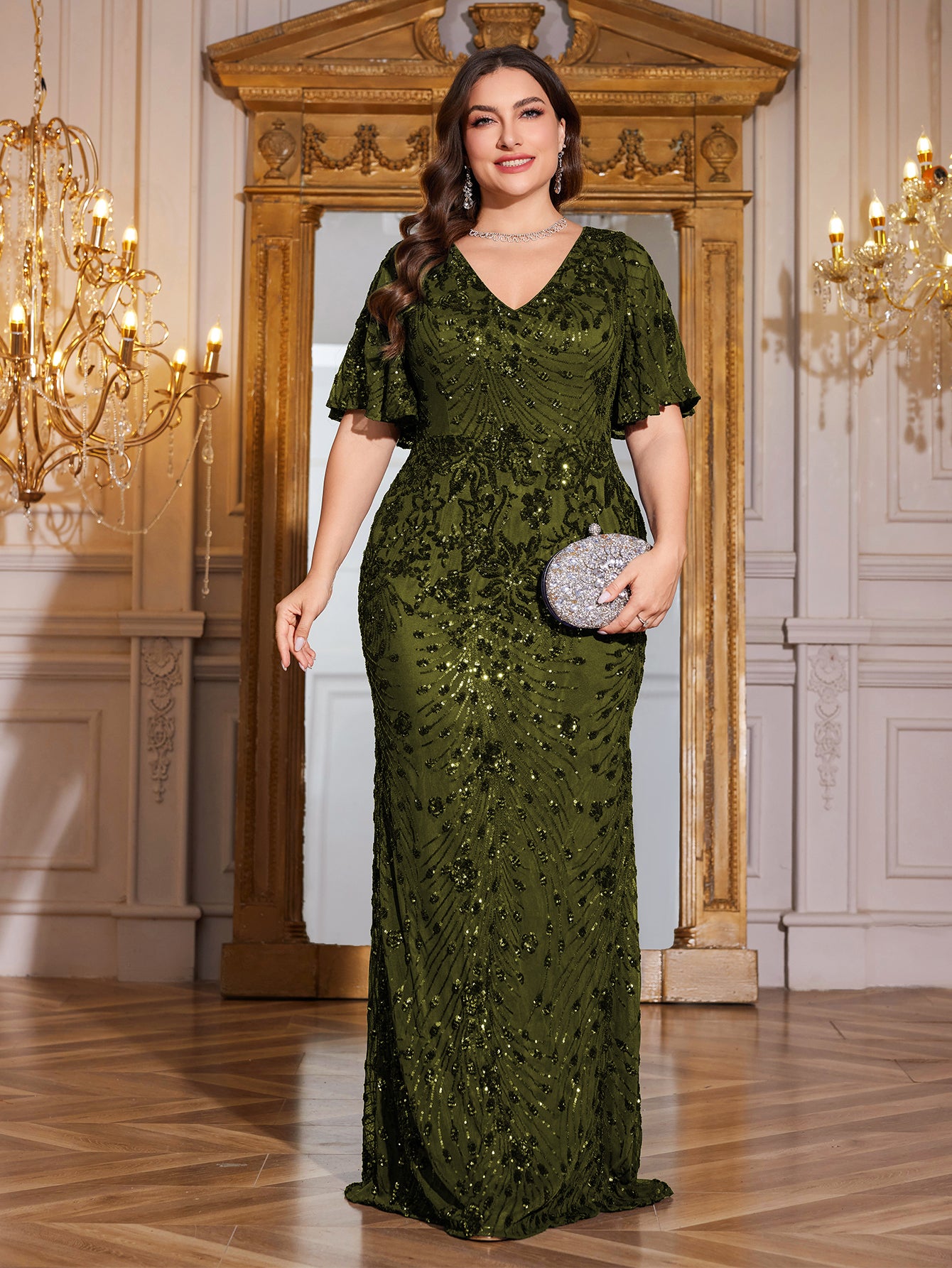 Royal Blue Sequin Flutter Sleeve Mermaid Evening Gown