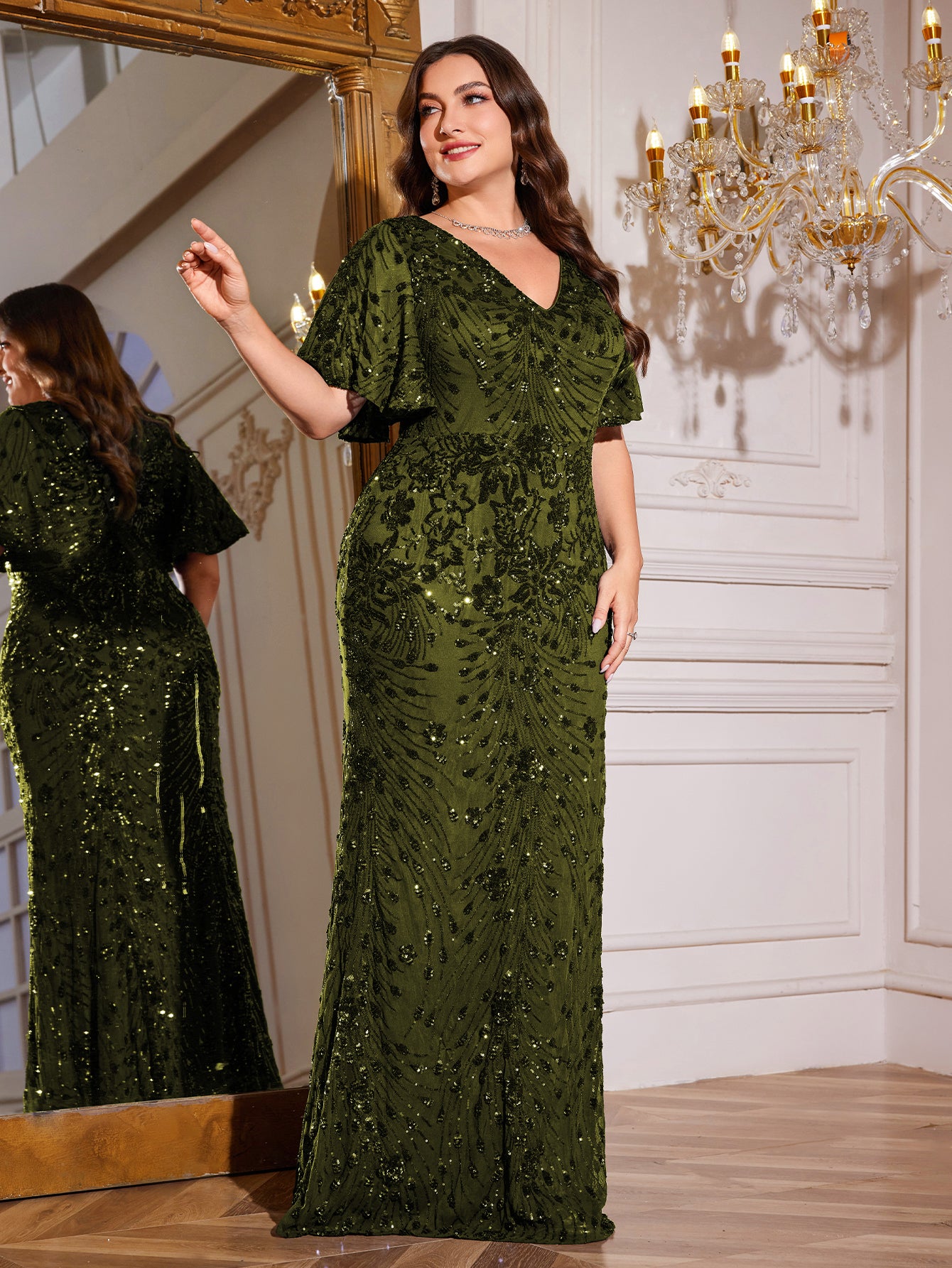Royal Blue Sequin Flutter Sleeve Mermaid Evening Gown