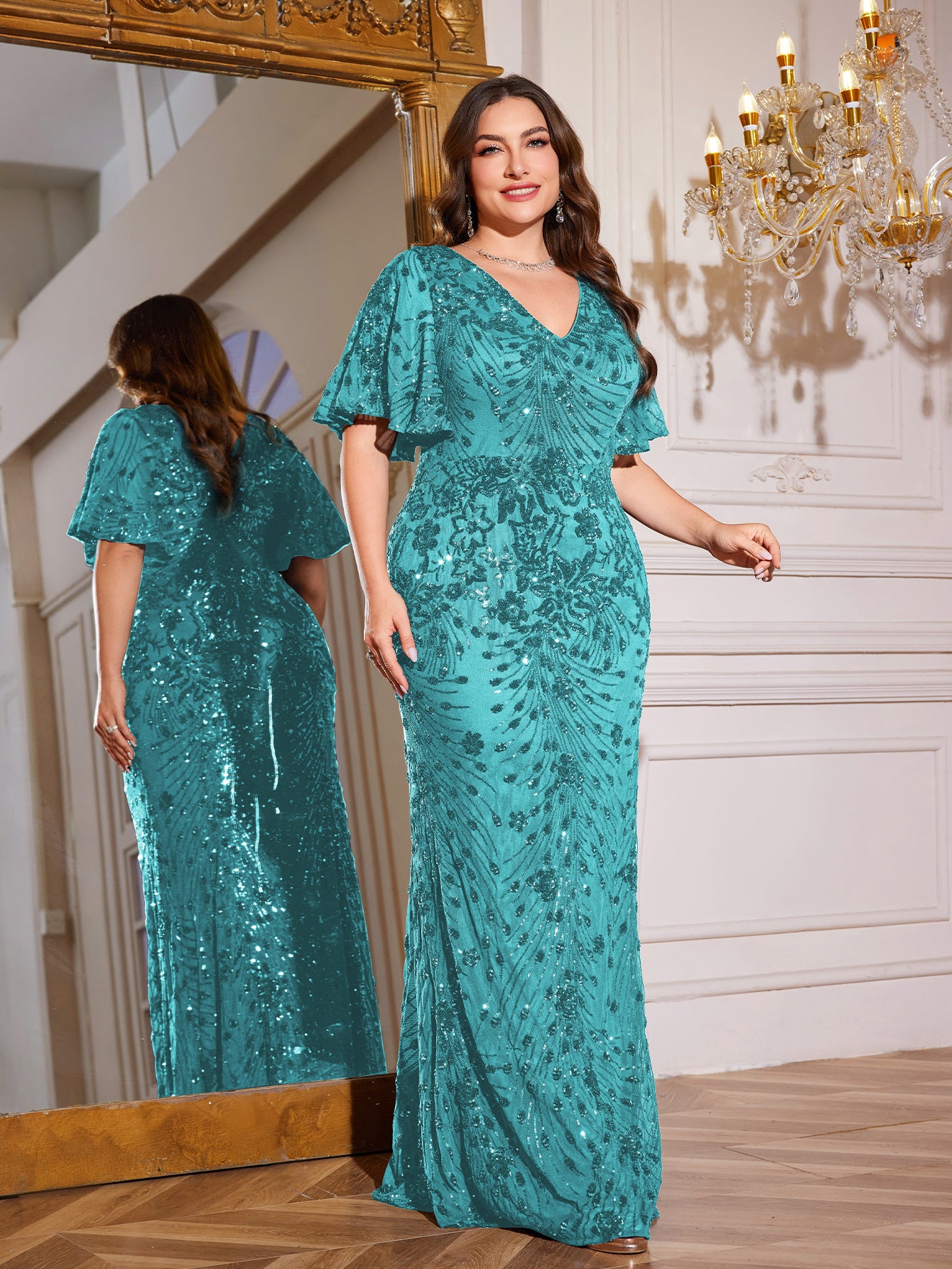 Royal Blue Sequin Flutter Sleeve Mermaid Evening Gown