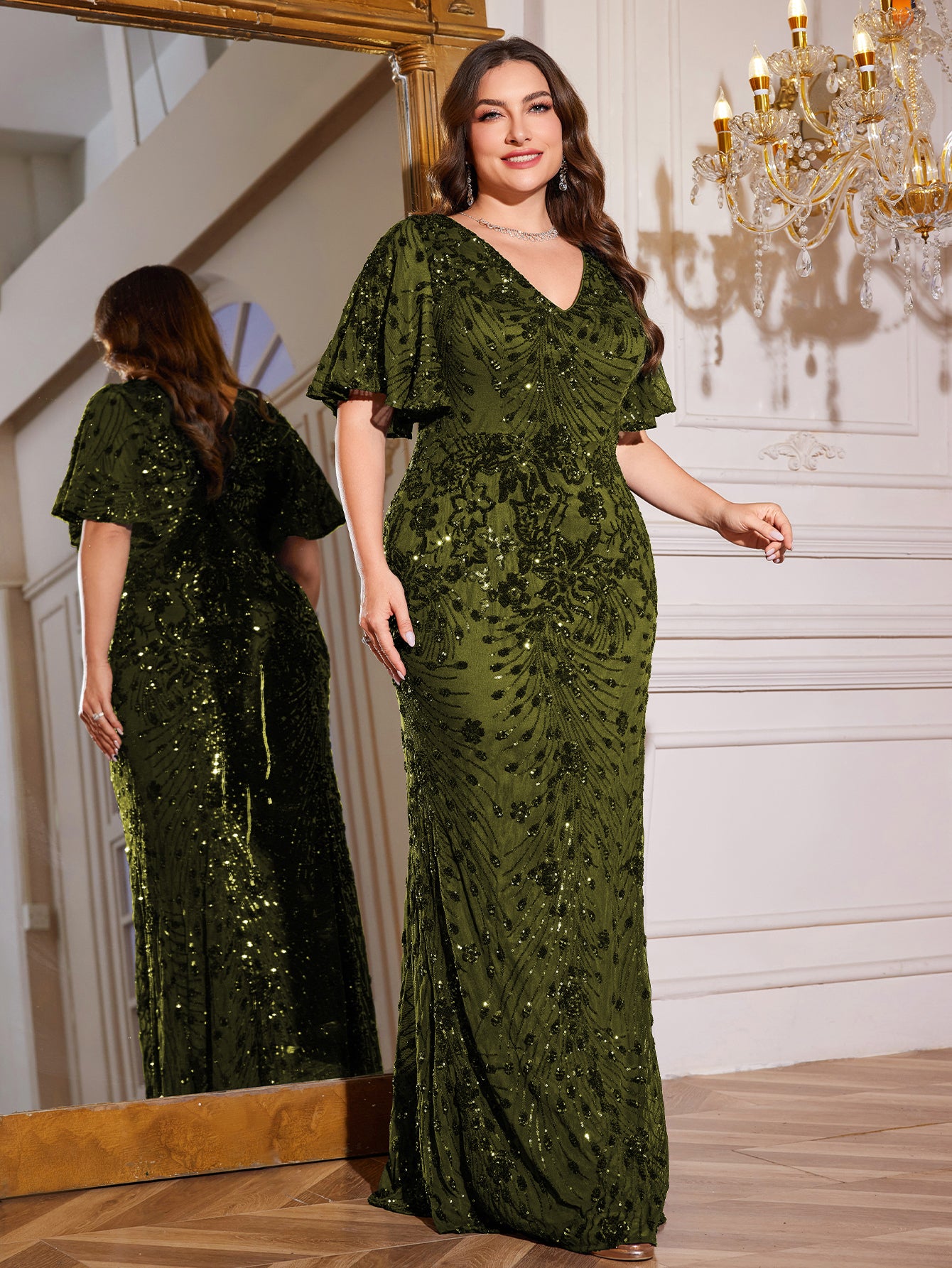 Royal Blue Sequin Flutter Sleeve Mermaid Evening Gown
