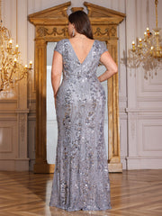 Silver‑Grey Floral Sequin Cap‑Sleeve Mermaid Plus Evening Gown