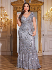 Silver‑Grey Floral Sequin Cap‑Sleeve Mermaid Plus Evening Gown