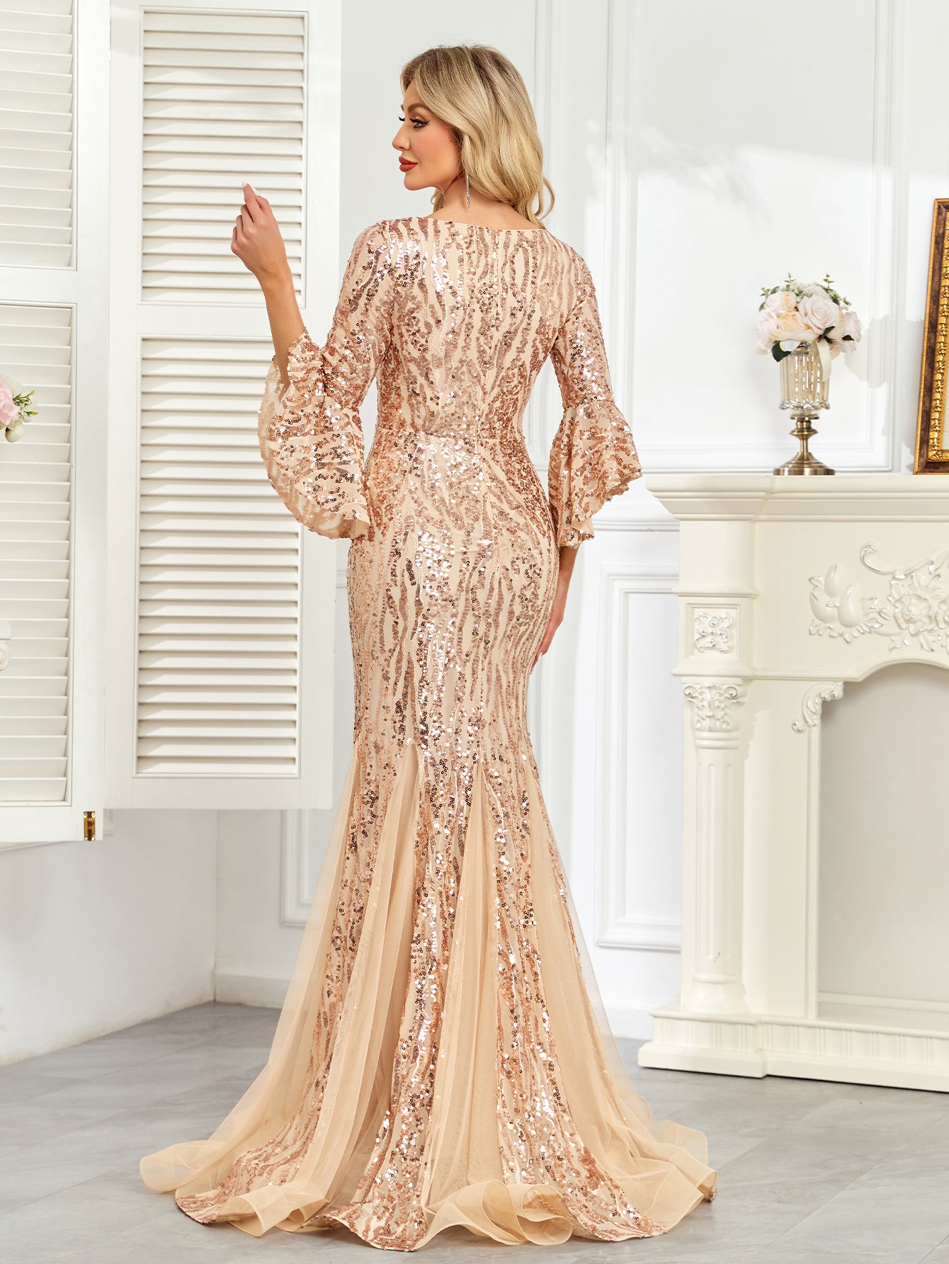 Champagne Gold Sequin Bell Sleeve Mermaid Evening Gown